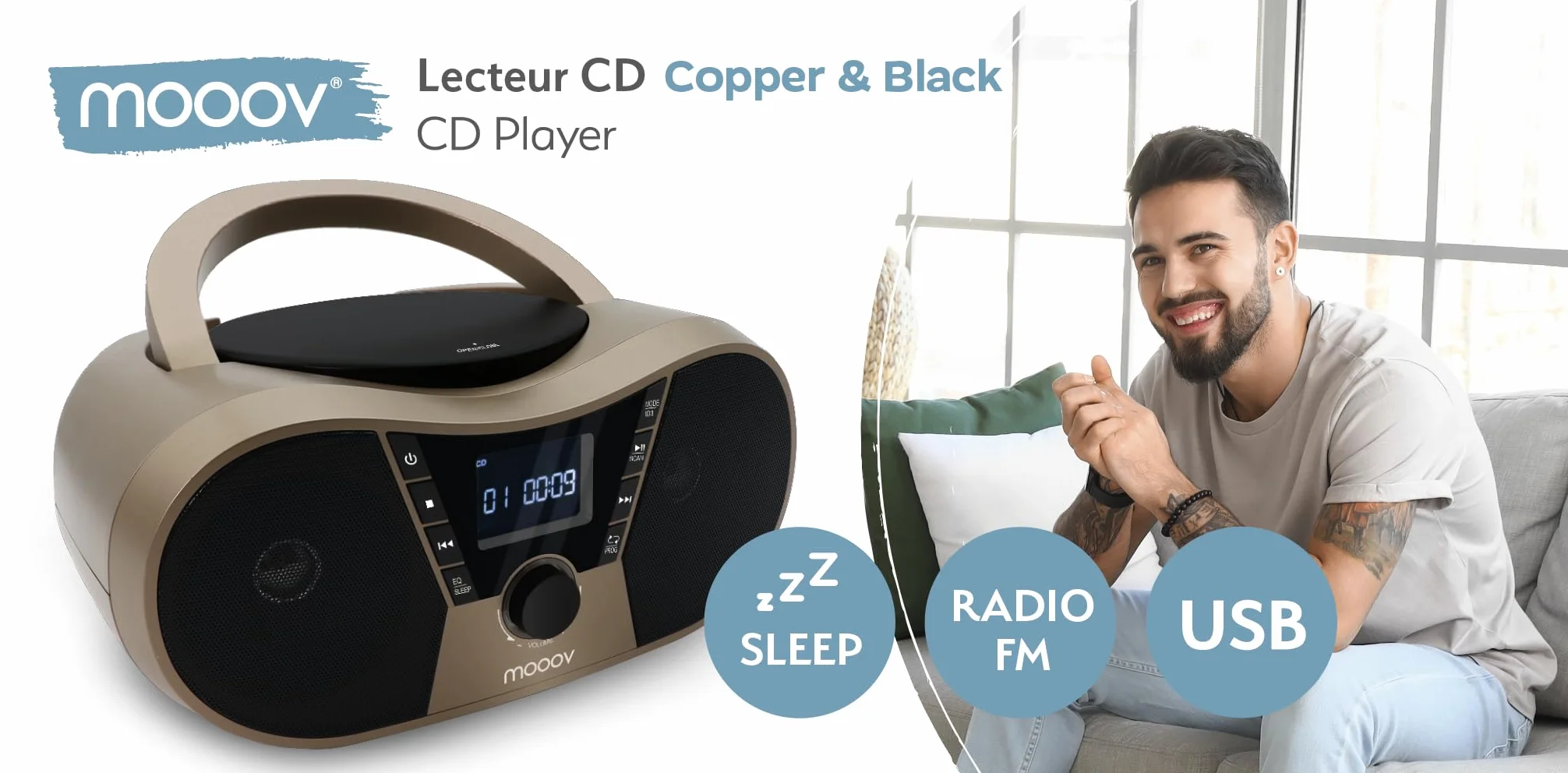 MOOOV Lecteur CD Copper & Black Radio FM Port USB Fonctions Sleep ID3