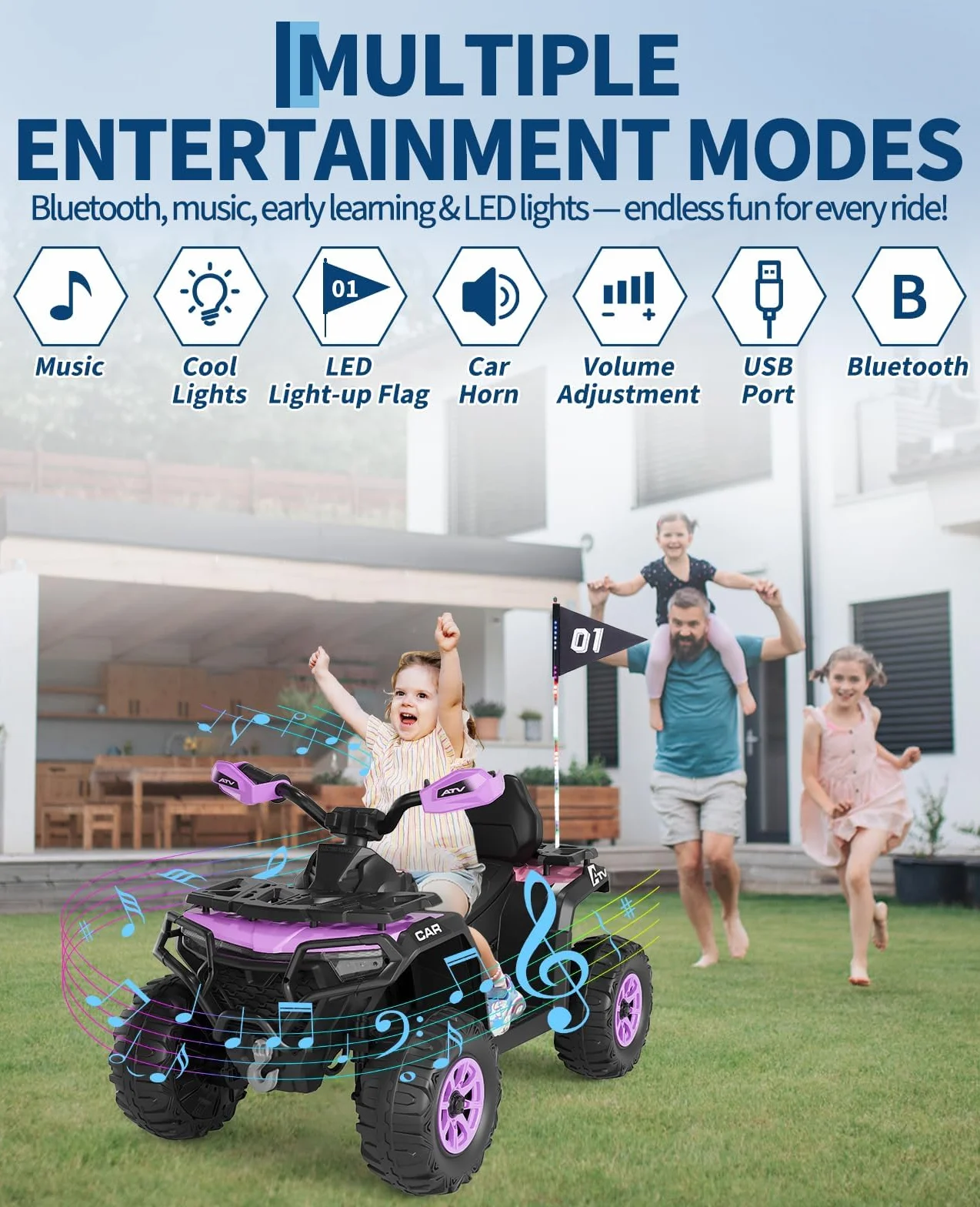 Quad électrique Tout-Terrain pour Enfants 2 Moteurs Télécommande Parents LED Bluetooth USB 95x56x55 cm