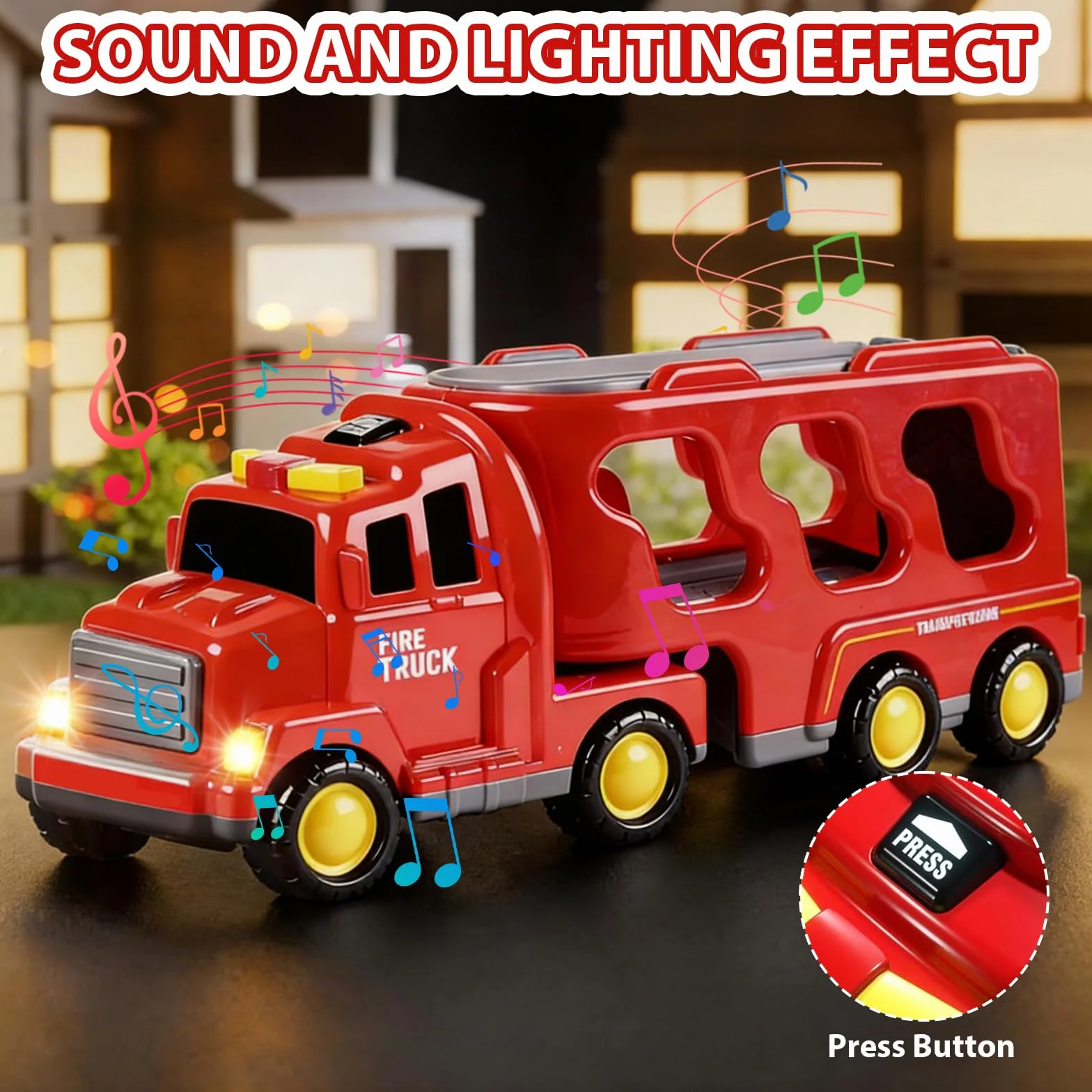 Camion Pompier Jouet 7 en 1 avec 6 Véhicules Sons et Lumières Transporteur à Friction pour Enfants 3-6 Ans