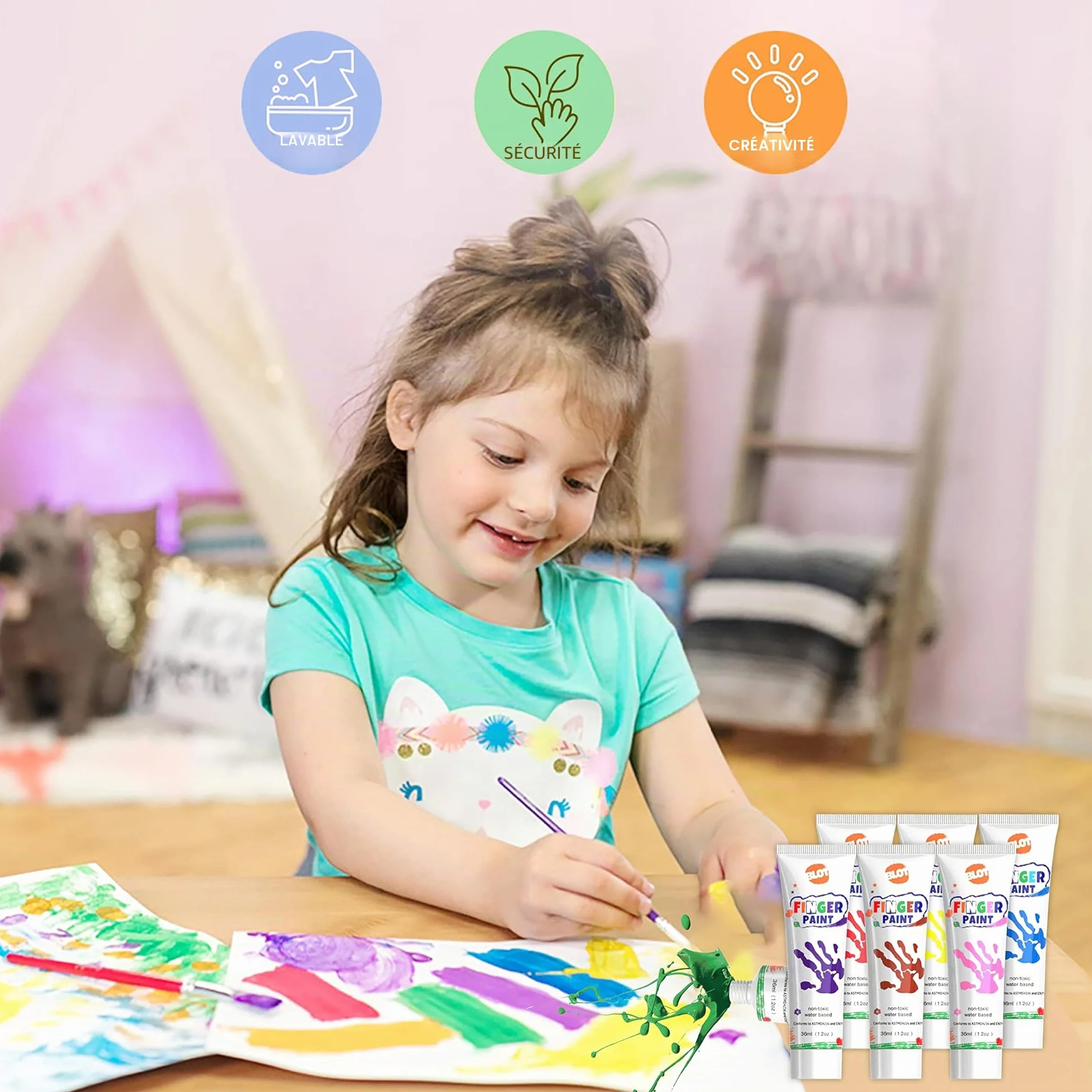 Peinture au Doigt Lavable Non Toxique Kit avec Éponge Pinceaux Palette pour Enfant Apprentissage Précoce