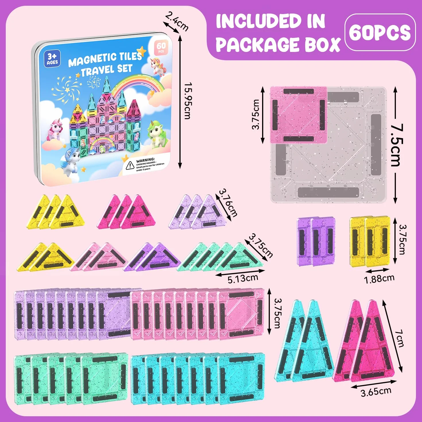 ACELIFE Lot de 60 blocs de construction magnétiques Montessori - Jouets magnétiques pour enfants - Kit de voyage STEM - Carreaux magnétiques portables