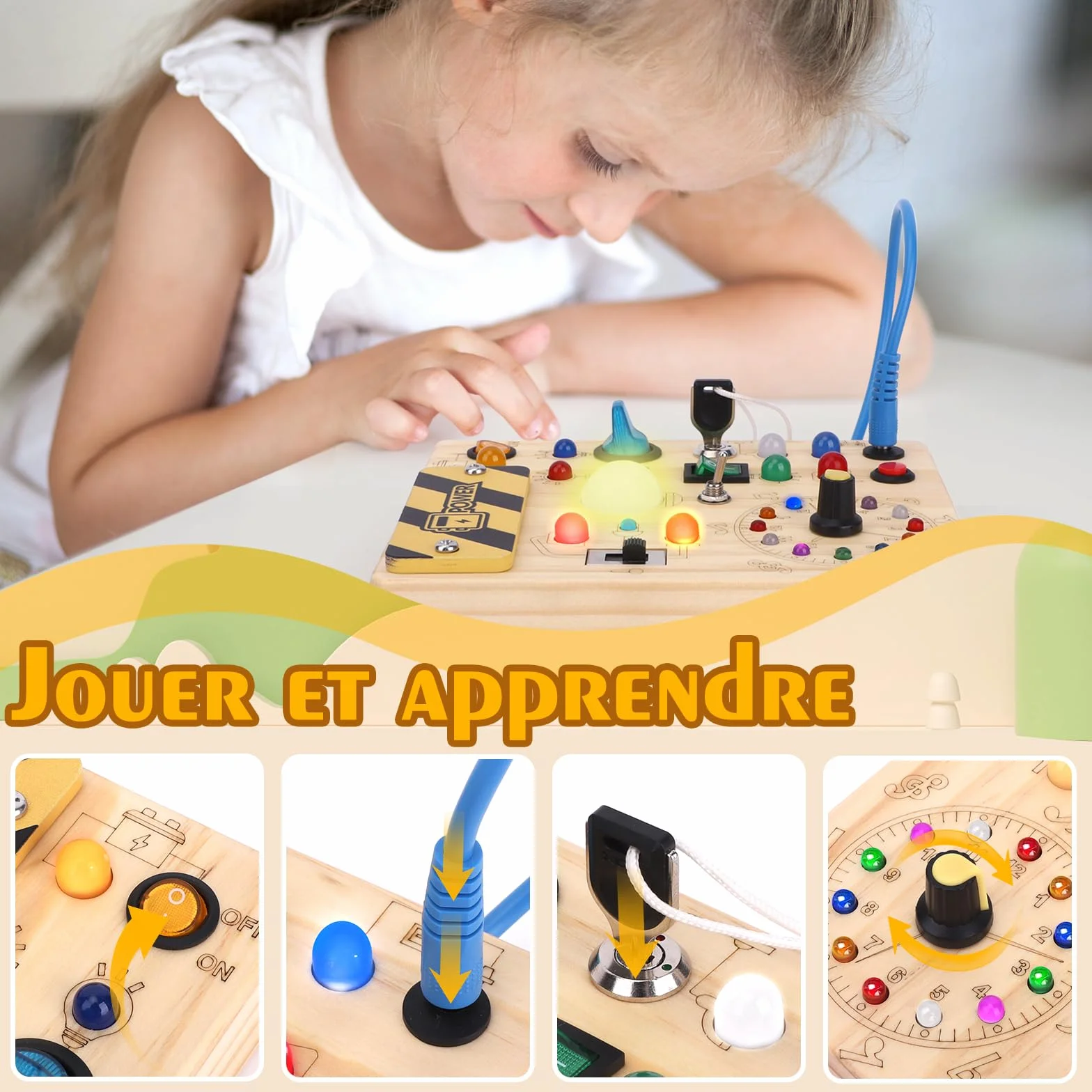 Busy Board Montessori 1 an Tableau d'Activités Horloge en Bois Sensorielle 10 Interrupteurs 23 Lumières LED Jeu Éducatif Motricité Fine