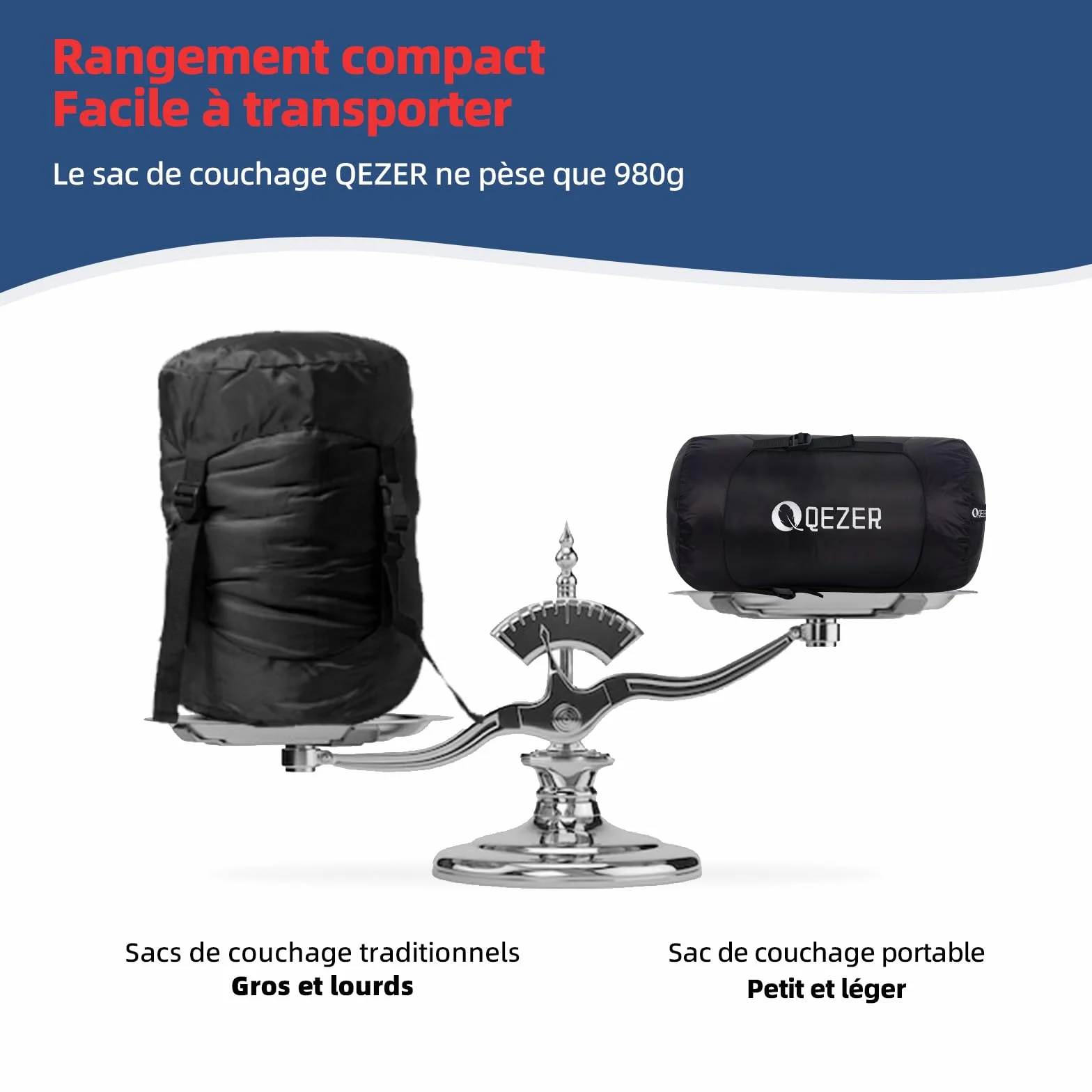 Sac de Couchage QEZER en Duvet 620FP 0°C Ultraléger Grand Froid pour Randonnée Camping