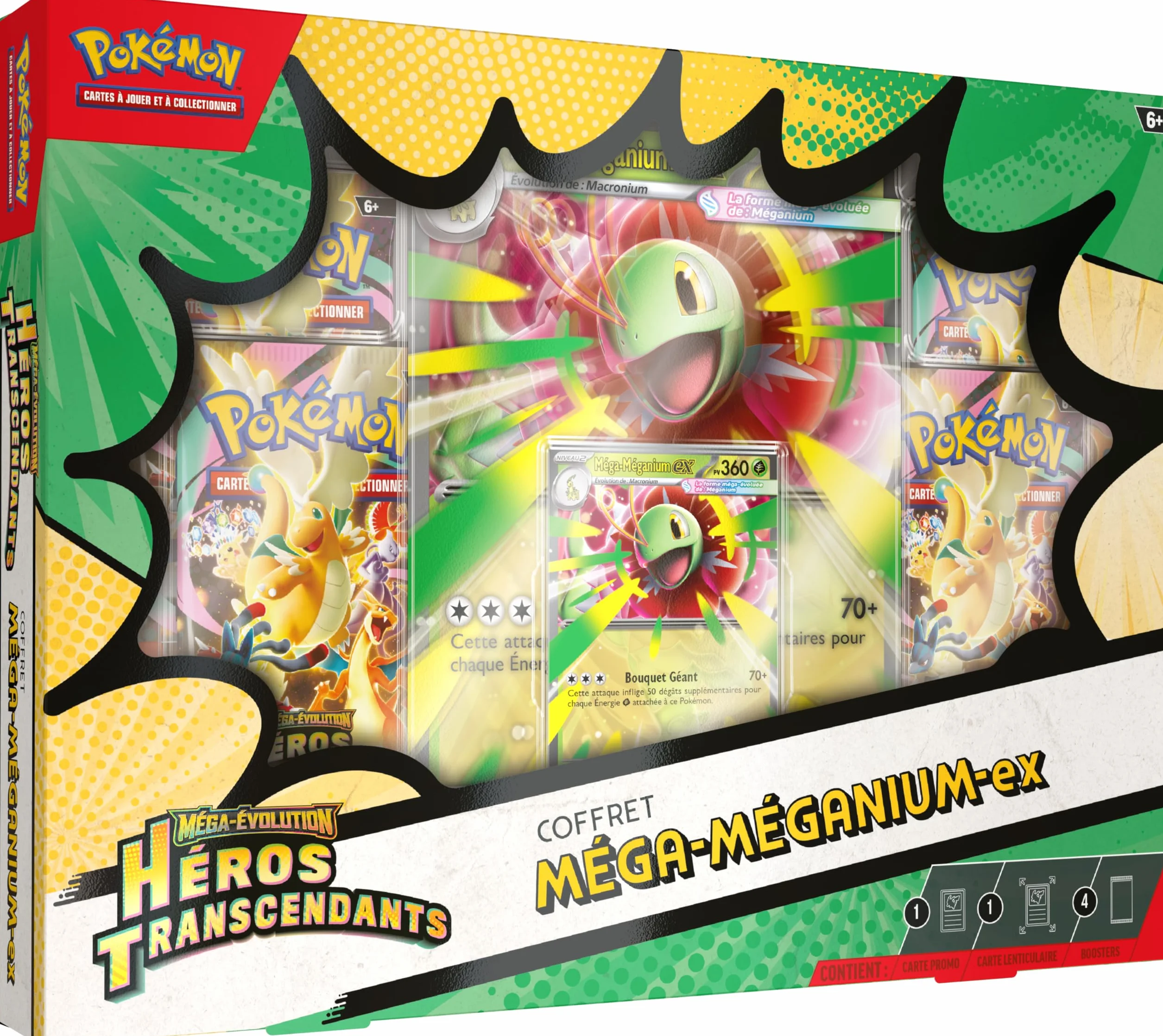 Pokémon Coffret Méga-Évolution Héros Transcendants Méga-Méganium-ex Carte Promo Brillante Grand Format Lenticulaire 4 Boosters