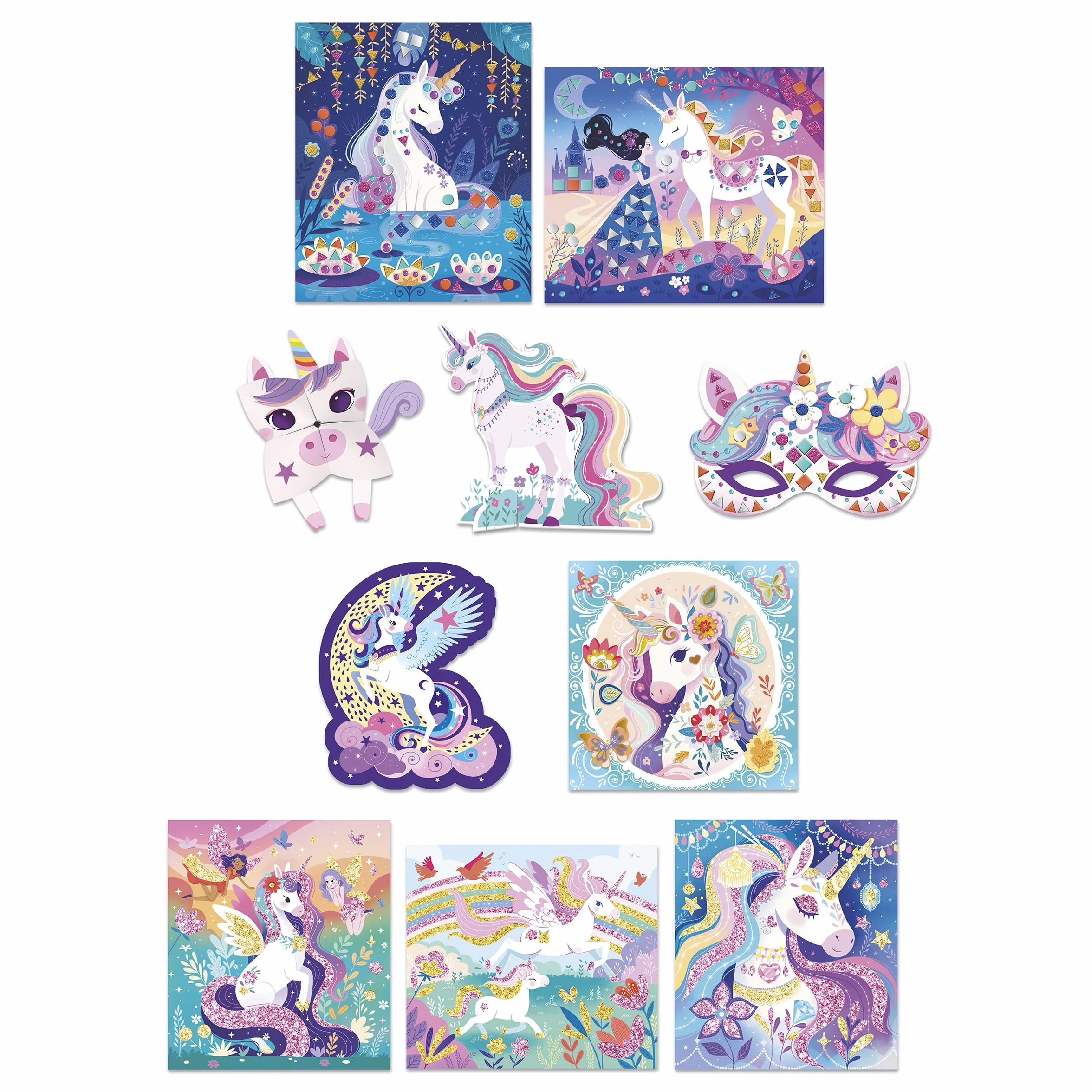 Janod Coffret Créatif Multi-Activités Licorne 13 Activités à Décorer Mosaïques Stickers Brillants Papier Doré Dès 6 Ans
