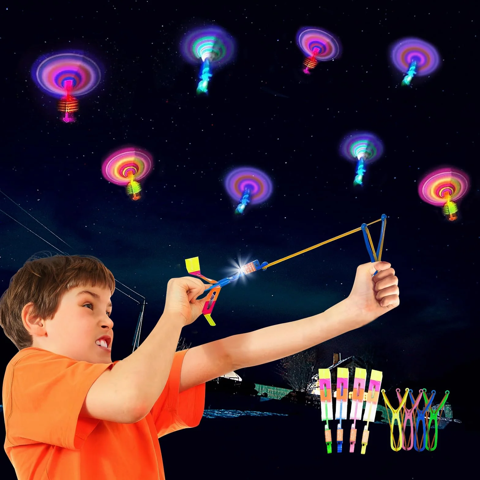 Jouets LED Lumineux Helicoptere 15 Pièces Catapulte Volant Fronde pour Enfants Anniversaire