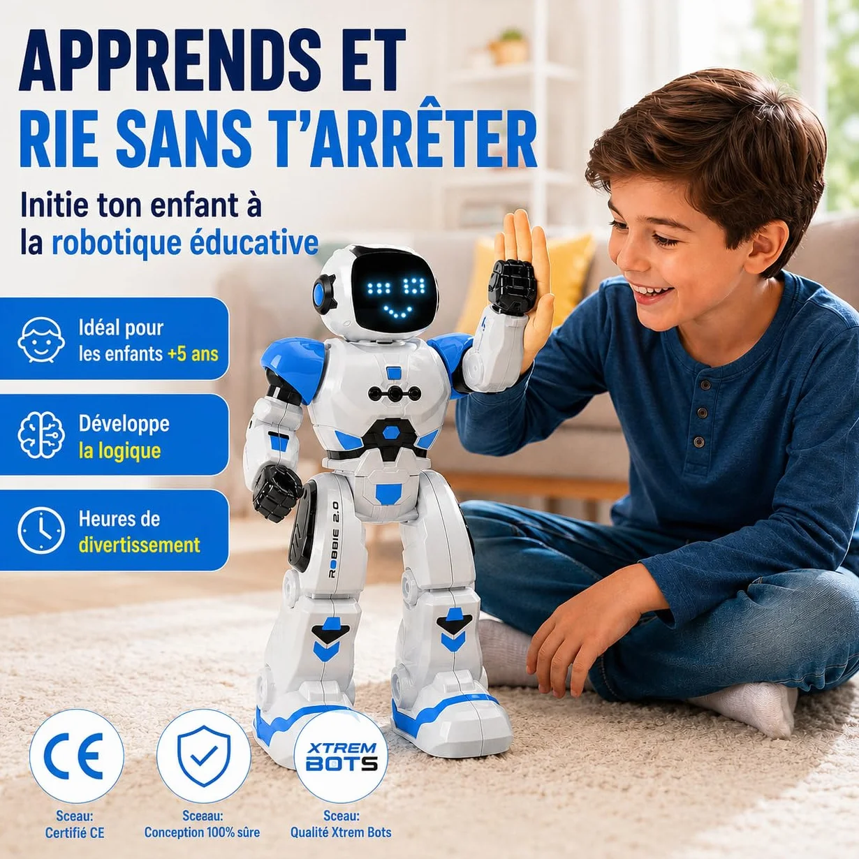 Xtrem Bots Robbie Robot Enfant Télécommandé Programmable 50 Actions Jouet 5 Ans Garçon Fille