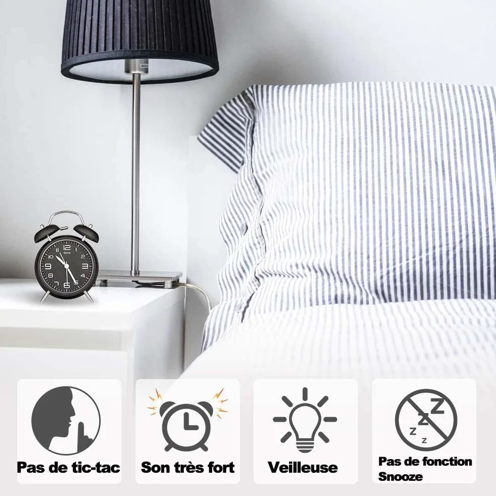 Reveil Vintage Double Cloche avec Veilleuse - Analogique, Grand Cadran 16 cm, Silencieux sans Tic-Tac (Noir)