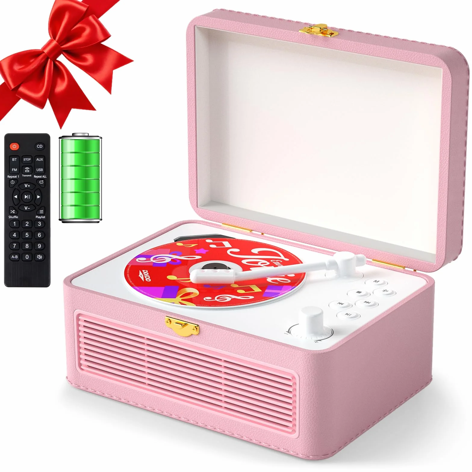 Lecteur CD Cuir Portable Bluetooth 3600mAh Rechargeable avec Haut-Parleurs, Support USB AUX, Télécommande, Design Valise Rétro Rose