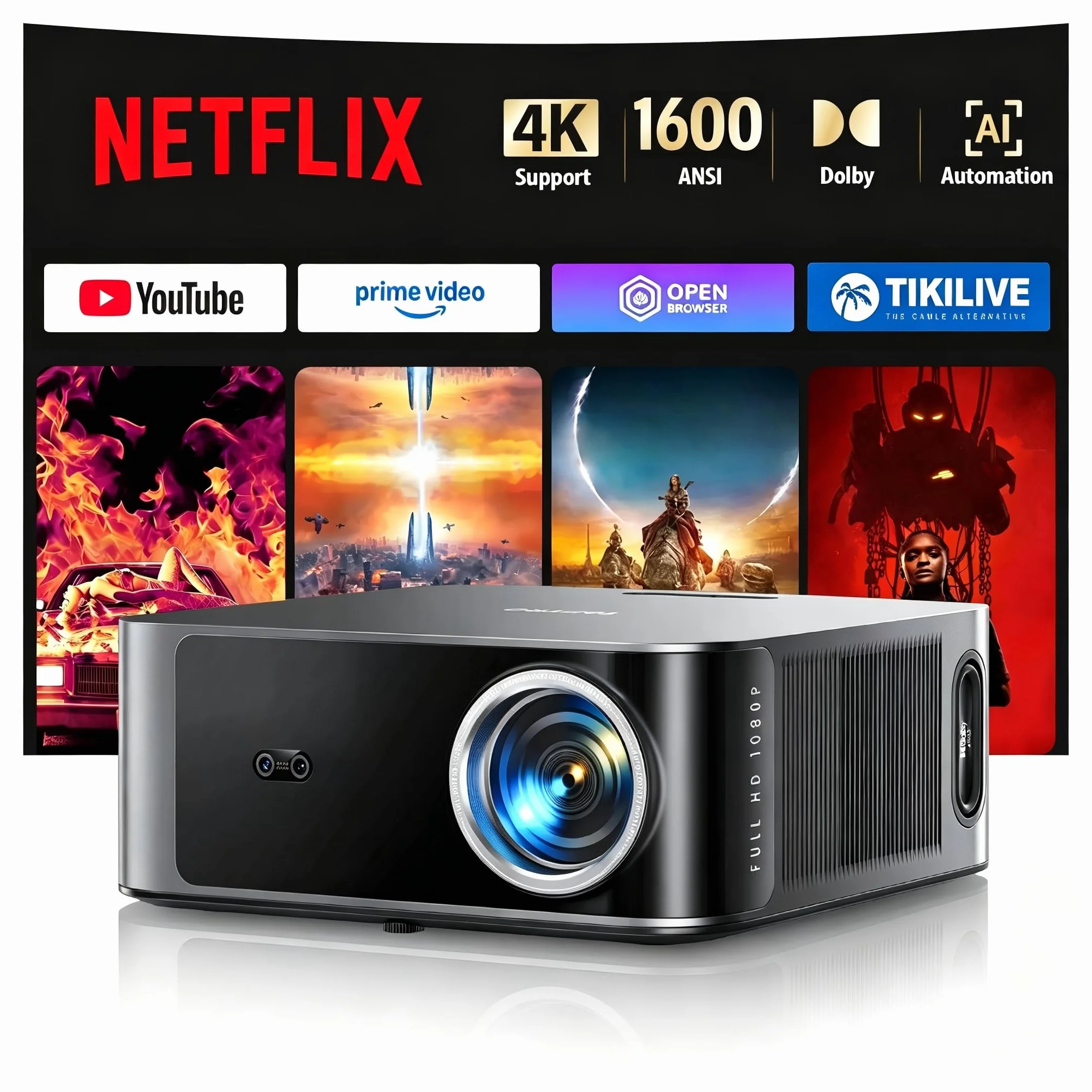 TOPTRO Vidéoprojecteur 4K Dolby 36W, AI Auto Focus/Keystone, WiFi6 Bluetooth FHD 1080P, 2x18W Haut-Parleurs, 1600 ANSI Compatible Netflix