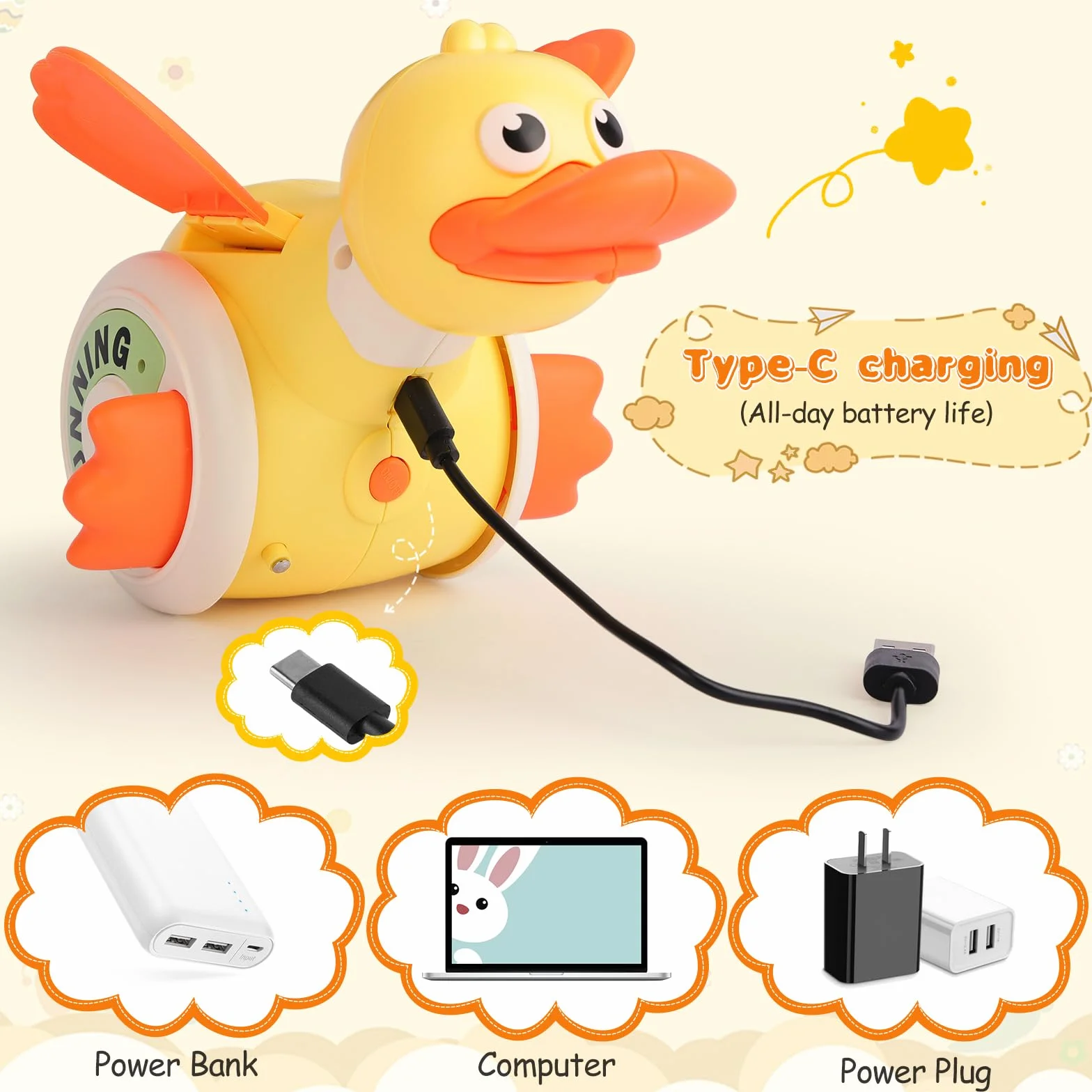 Jouet Canard Rampant avec Musique, Danse et Lumière, Rechargeable USB, pour Bébés 1-4 Ans
