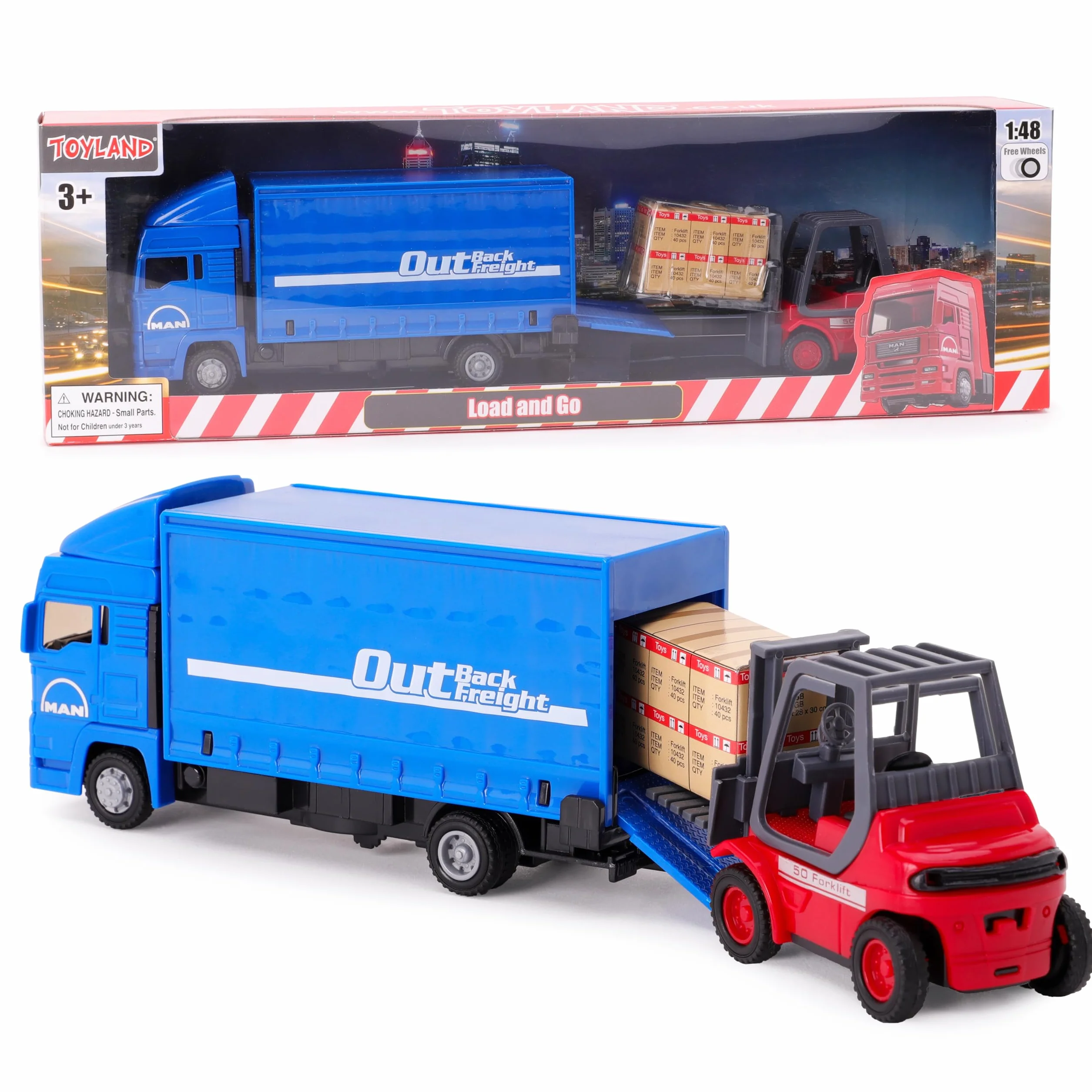 Toyland Coffret Load & Go Camion Man Chariot élévateur Palette 15cm 1:48 Construction Métal Plastique 3 Ans Bleu