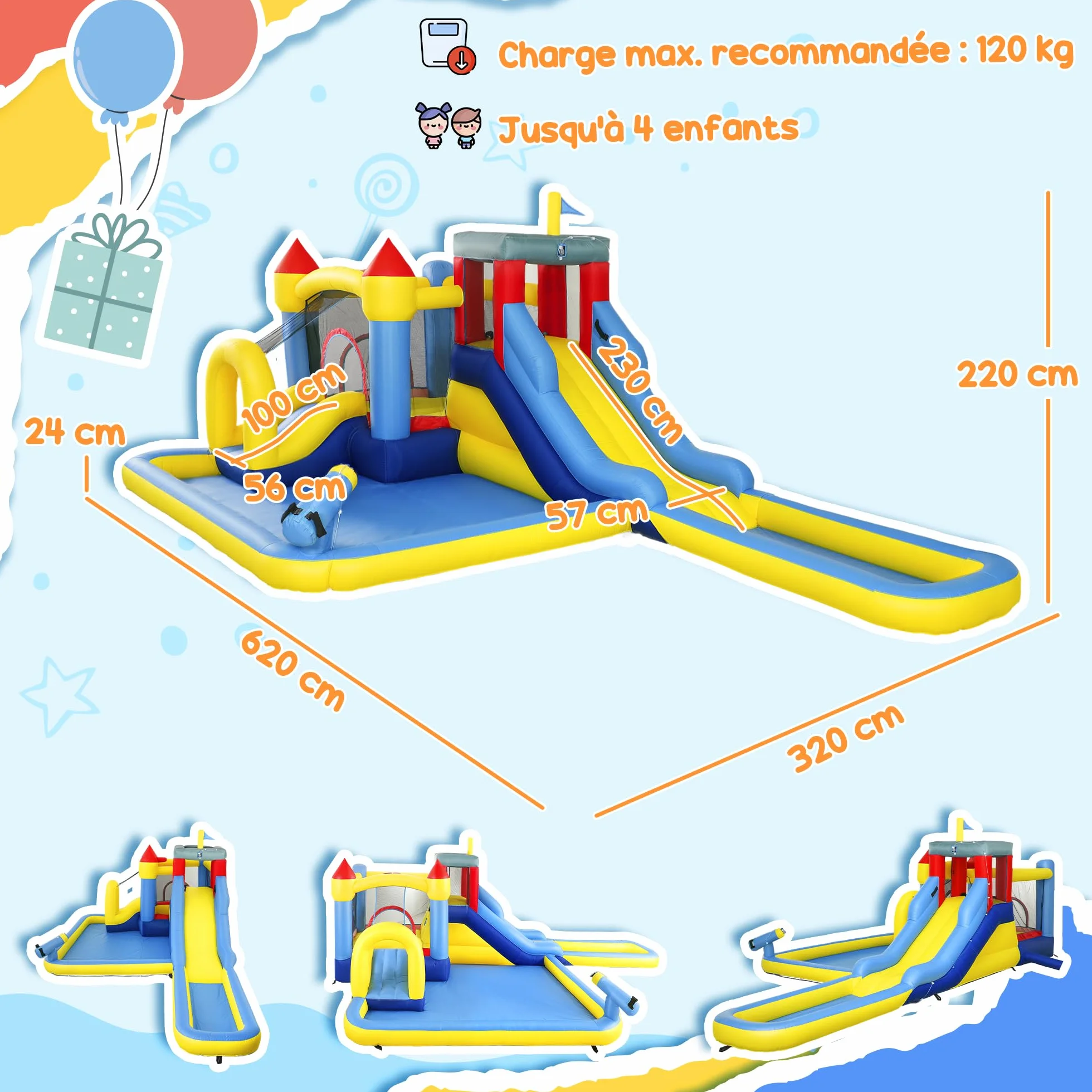 AIYAPLAY Château Gonflable 6 en 1 Parc Aquatique avec Toboggans, Trampoline, Mur d'escalade, Canon, Panier de Basket, pour 4 Enfants 3-8 Ans