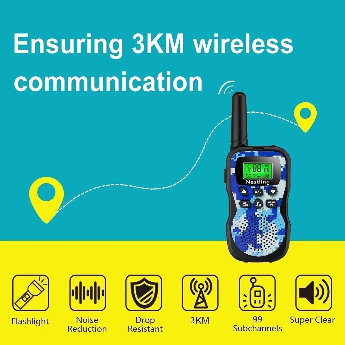 Nestling Talkie Walkie Enfants, Radio à 2 Voies avec 8 Canaux, Lampe de Poche LCD Rétro-éclairée, Jouets pour 3-12 Ans Camping