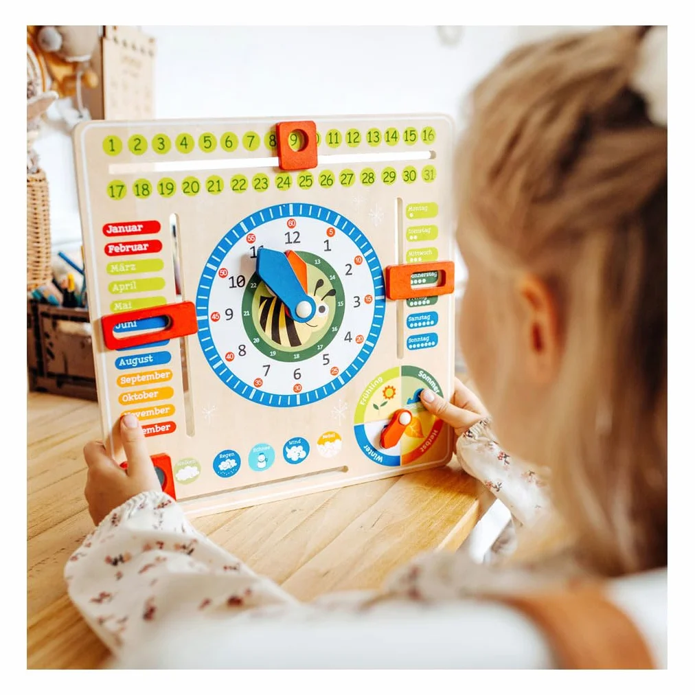 Tableau éducatif en bois pour apprendre la date, l'heure, les saisons et le temps, âge 3+