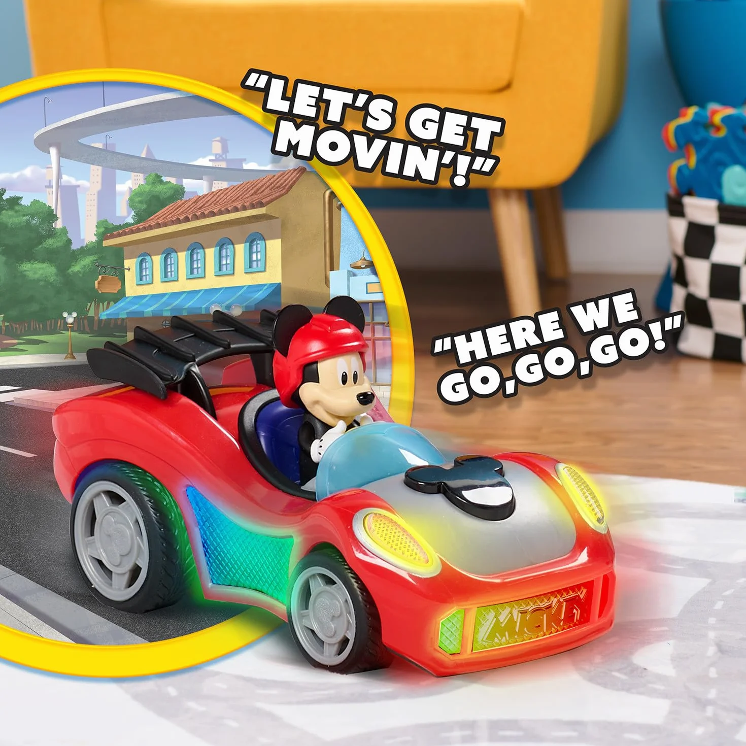 Just Play Véhicules Mickey Mouse à rétrofriction avec Effets sonores et Lumineux, Voiture de Mickey, Jouets pour Enfants de 3 Ans et Plus
