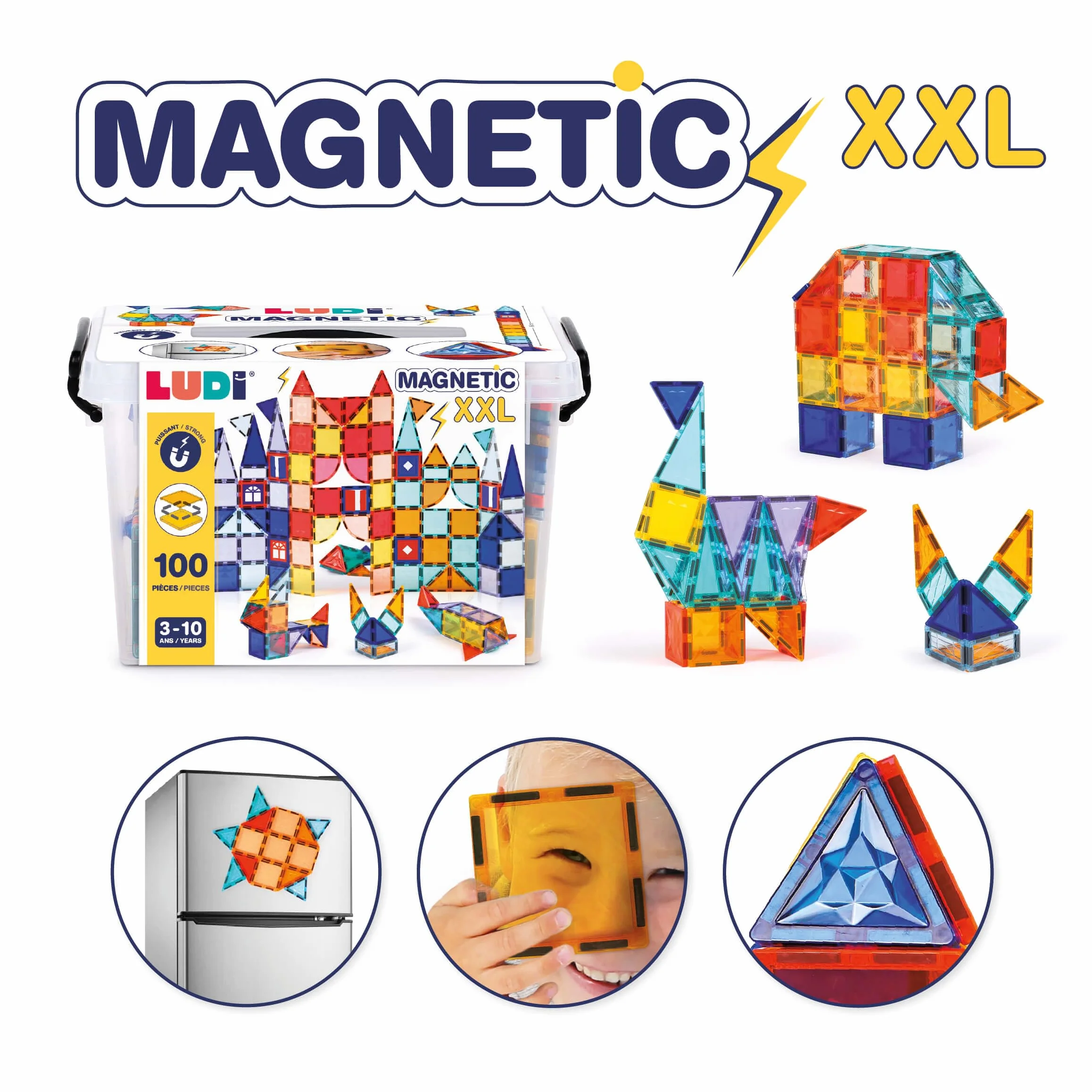LUDI Construction Magnétique XXL Jeu de Construction 3D 100 Pièces Aimantées Valisette de Transport