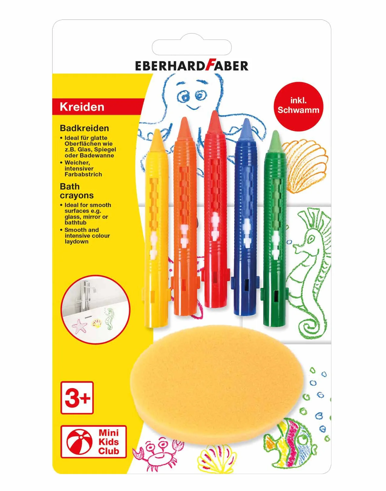 EBERHARD FABER 524105 Set de craie pour le bain, 5 crayons et éponge, lavable