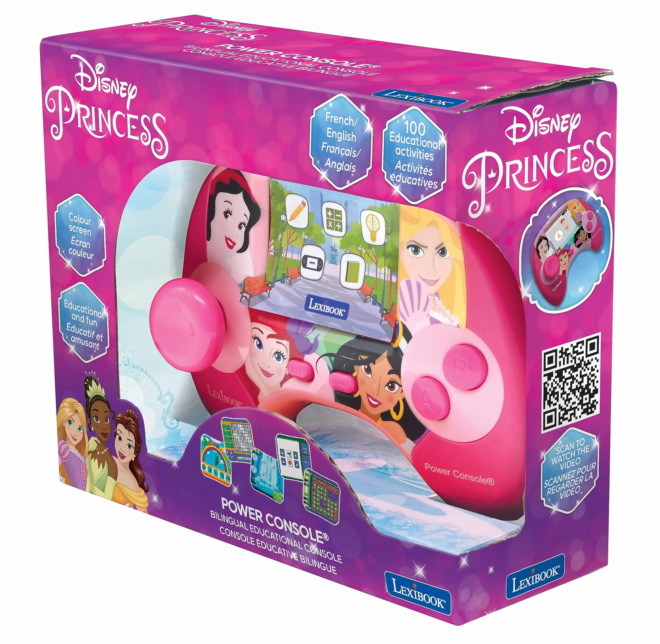Lexibook Disney Princesses Power Console Console de Jeux éducative bilingue Français/Anglais 100 activités JCG100DPi1