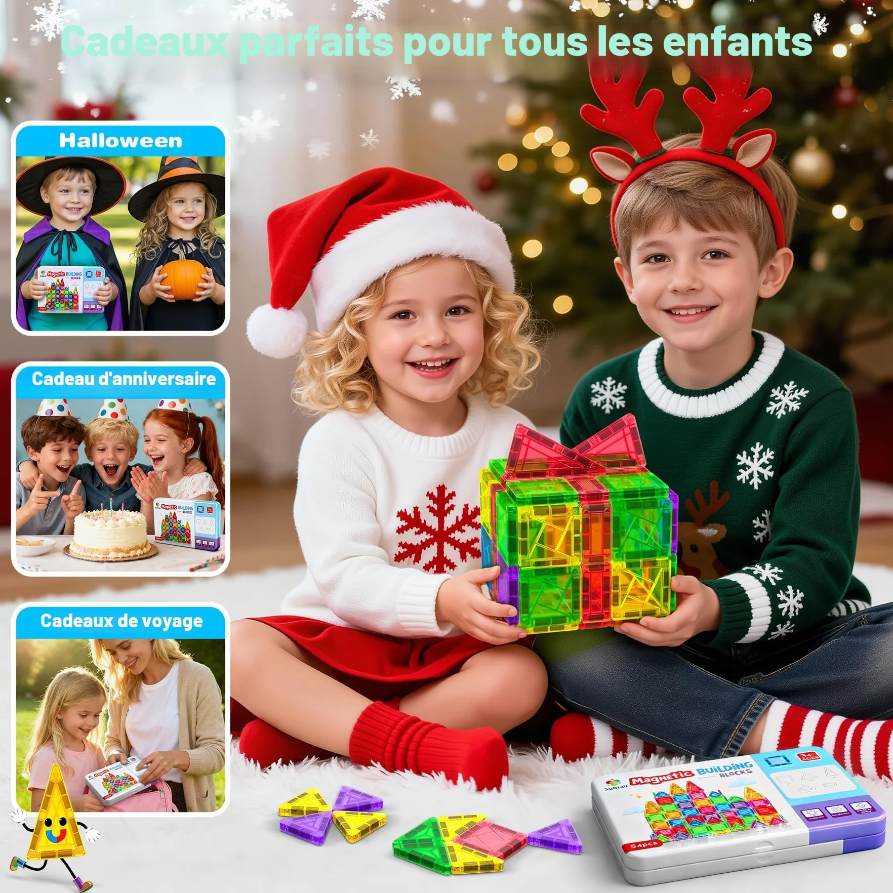 Bloc de Construction Magnetique 54PCS Jouet Cadeau Enfant 3 Ans Blocs Magnetic Tiles Montessori