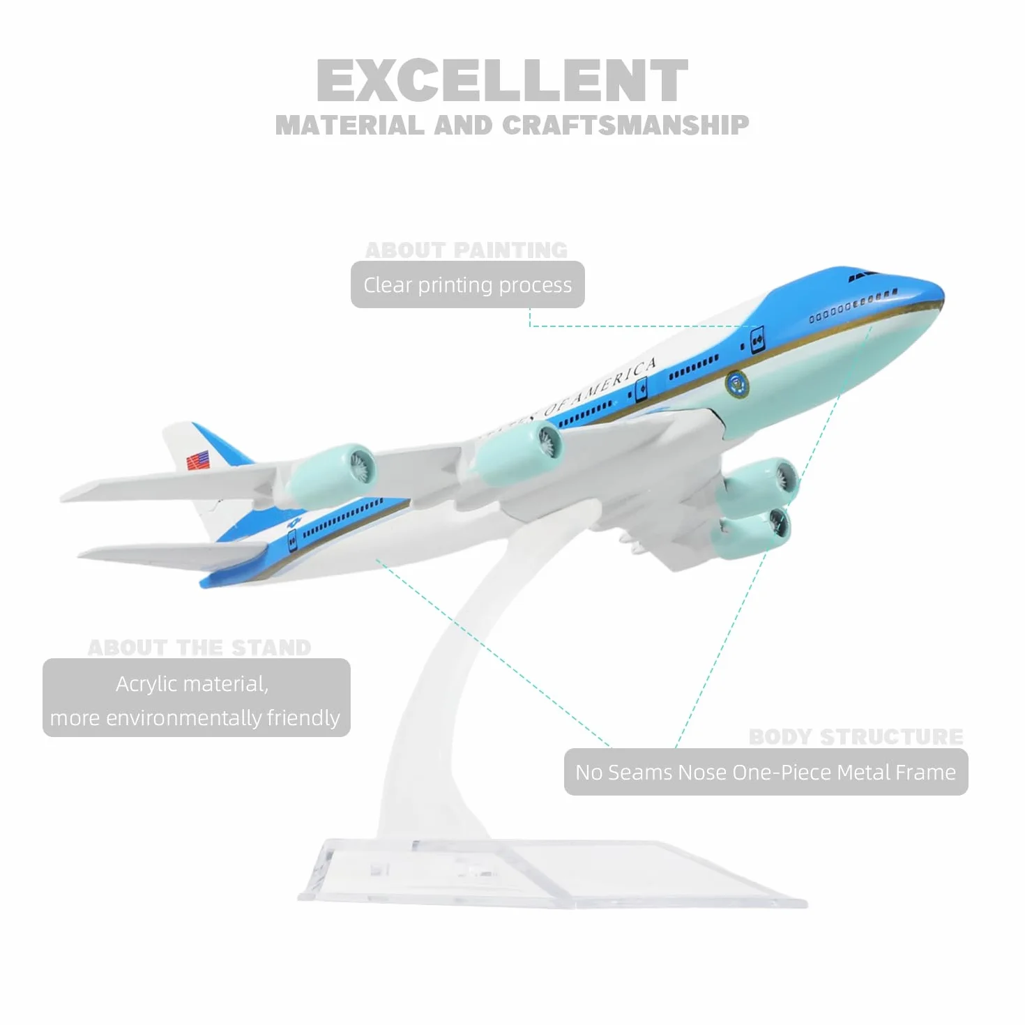 Boeing 747 Air Force One VC-25A Modèle d'avion en métal moulé 1:400 avec Stand 6 Pouces
