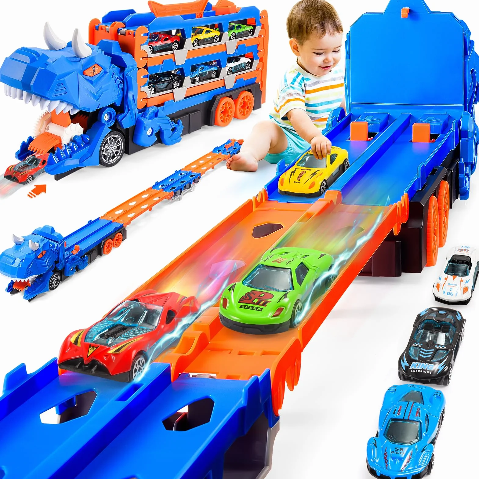 Camion Dinosaure Jouet Enfant 2-6 Ans 150 CM Transport avec 6 Mini Voitures