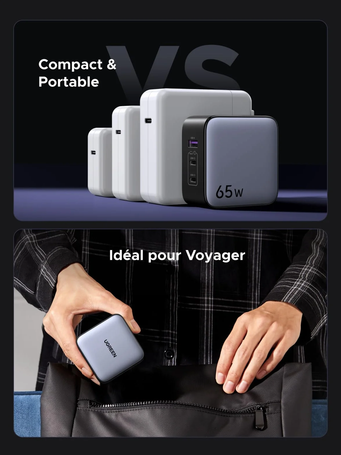 UGREEN Nexode 65W GaN USB C Chargeur de Voyage 3 Ports Adaptateur International Prises EU UK US Compatible iPhone 17 Pro Max Air 16 15 14 13 12 iPad MacBook Pro Air Neo Galaxy S26 S25 S24