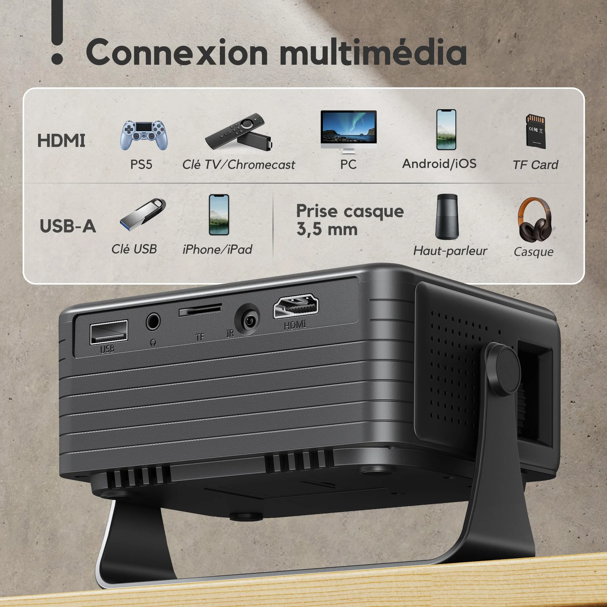 AKIYO O1 Mini Projecteur 1080P Full HD 15000 LM Auto Keystone Rotabile 360° Zoom 50% Noir