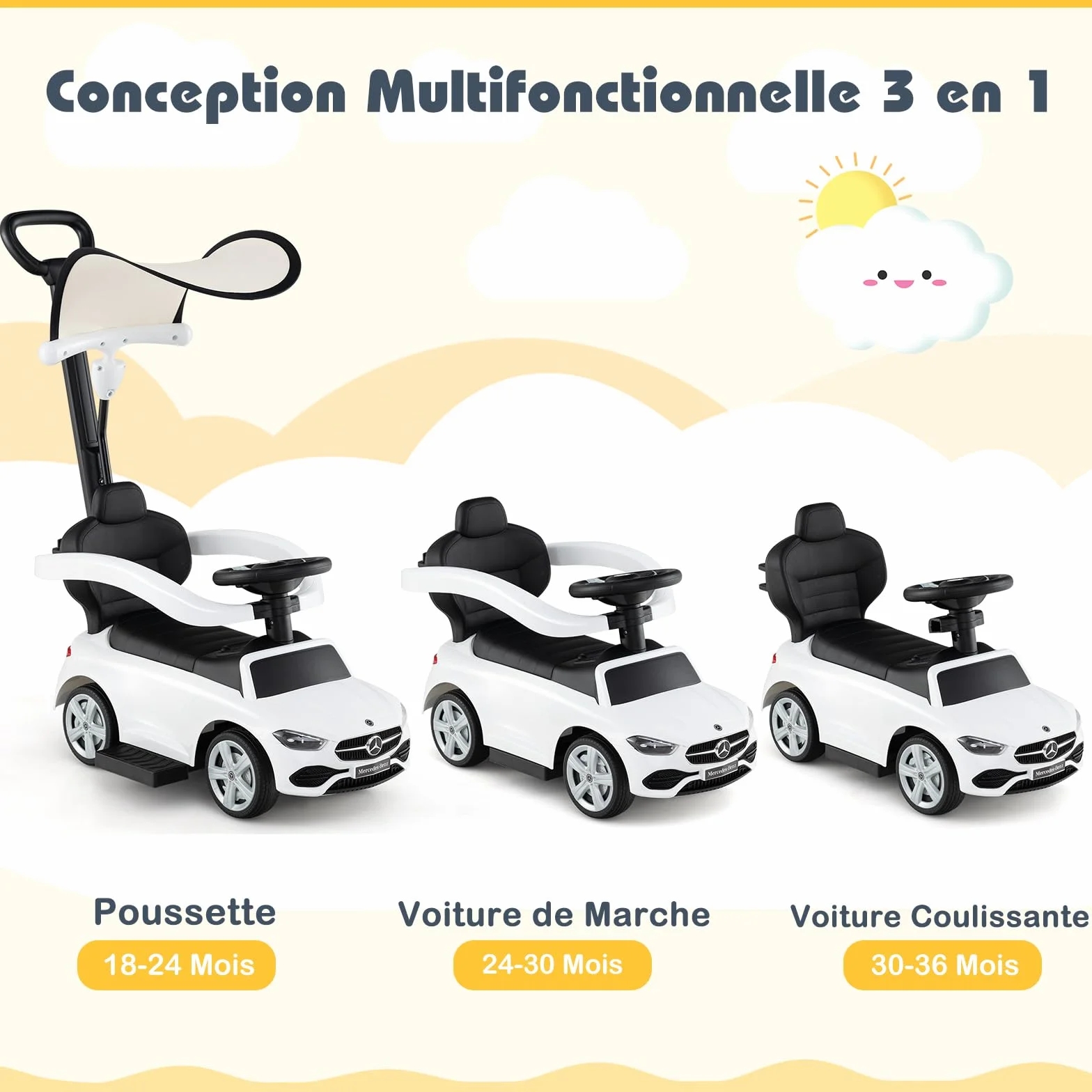 COSTWAY Mercedes-Benz Porteur Enfant 3 en 1 avec Volant Klaxon Son de Moteur, Voiture à Pousser 25kg 18-36 Mois Blanc