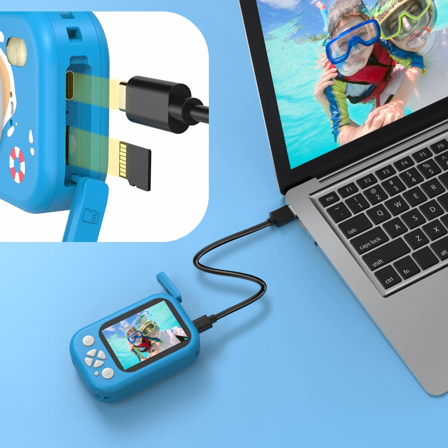 Appareil Photo Enfant Étanche 48MP 1080P Caméra sous-Marine 2,4 Pouces LED Flash Carte TF 32 Go Bleu