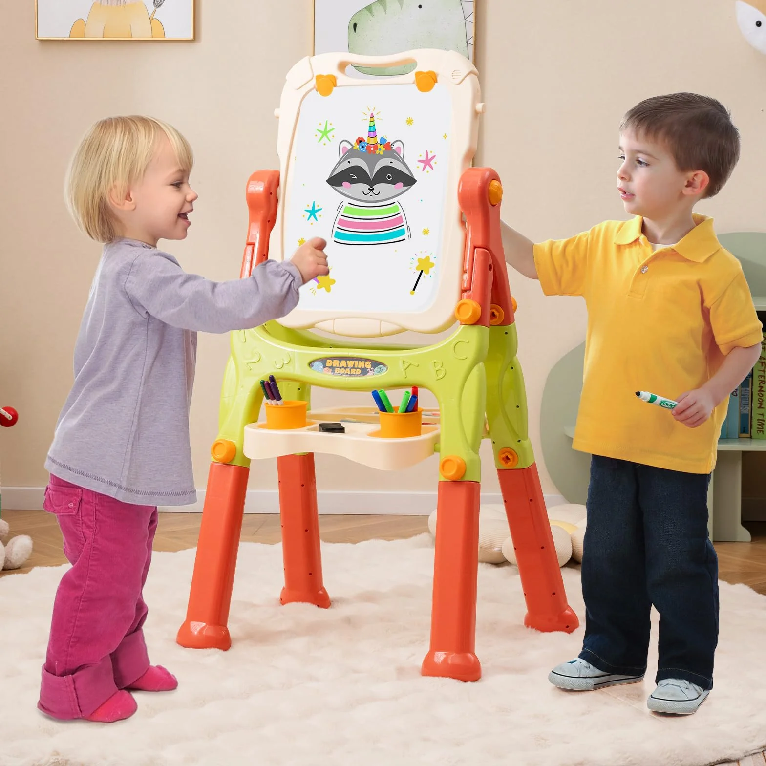 COSTWAY Tableau Enfant Double Face Chevalet avec Hauteur Réglable, Plateau Rangement 2 Pots, Pivotant 360° 3 Ans+ Orange
