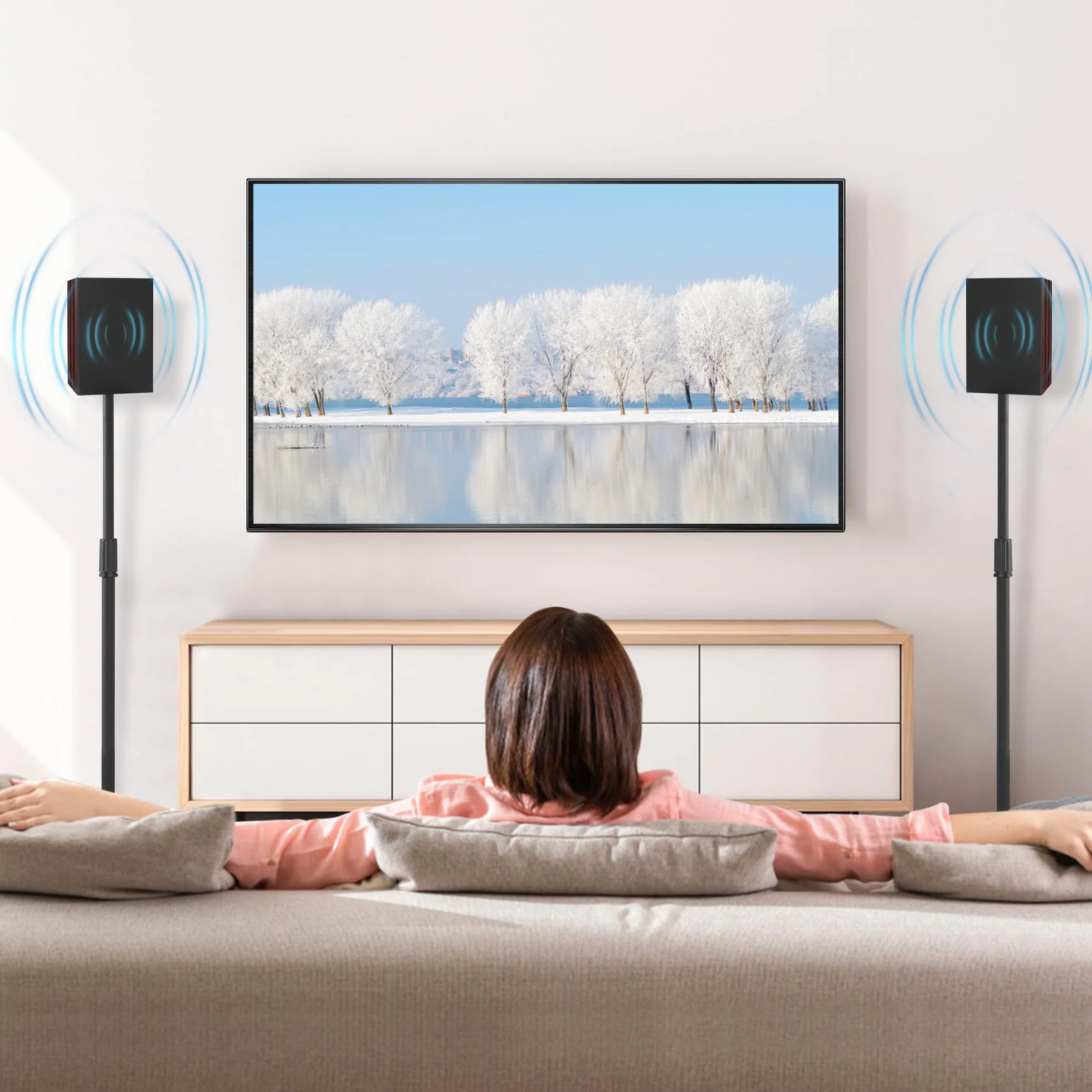 OUUTMEE Supports d'Enceinte Réglable en Hauteur, Pieds d'Enceintes Universel avec Base Triangulaire et Gestion des Câbles