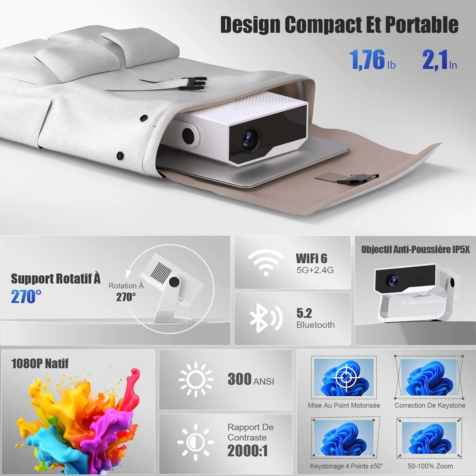 Android Videoprojecteur 4K 1080P WiFi Bluetooth Focus électronique Correction 270 Degrés Portable HDMI TV Stick Laptop