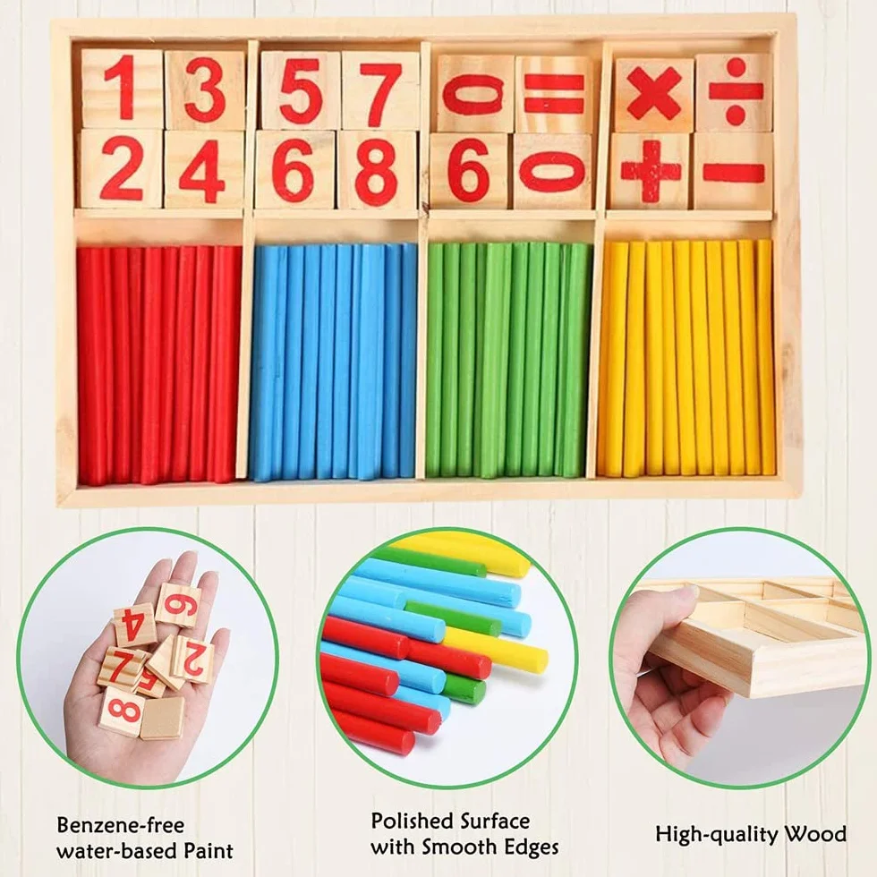 Jouet Montessori Mathématiques, Jeu Numérique Bâtons Bois avec Blocs et Bâtons Comptage pour Enfants 3 Ans