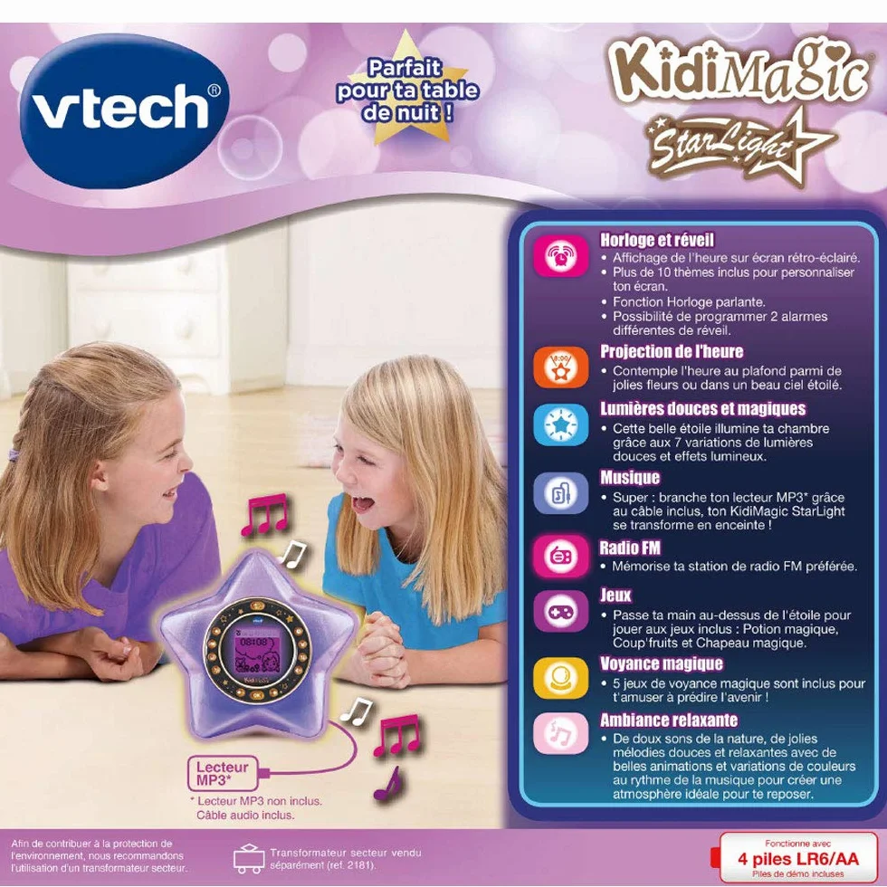 VTech KidiMagic Starlight Violet Radio Réveil Enfant 9 en 1 Étoile Effets Lumineux Projection Heure Plafond Enceinte Jeux Cadeau 6-12 Ans Français
