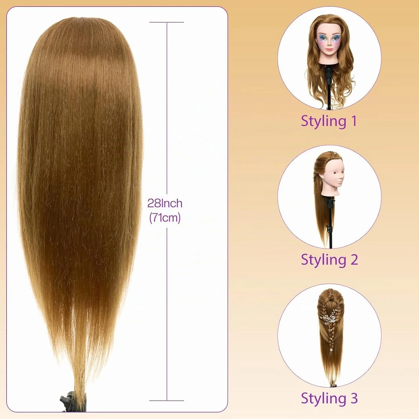 Neverland 24" Tete a Coiffer Professionnelle avec Support Tête de Maquillage 80% Cheveux Naturel Tête de Coiffure