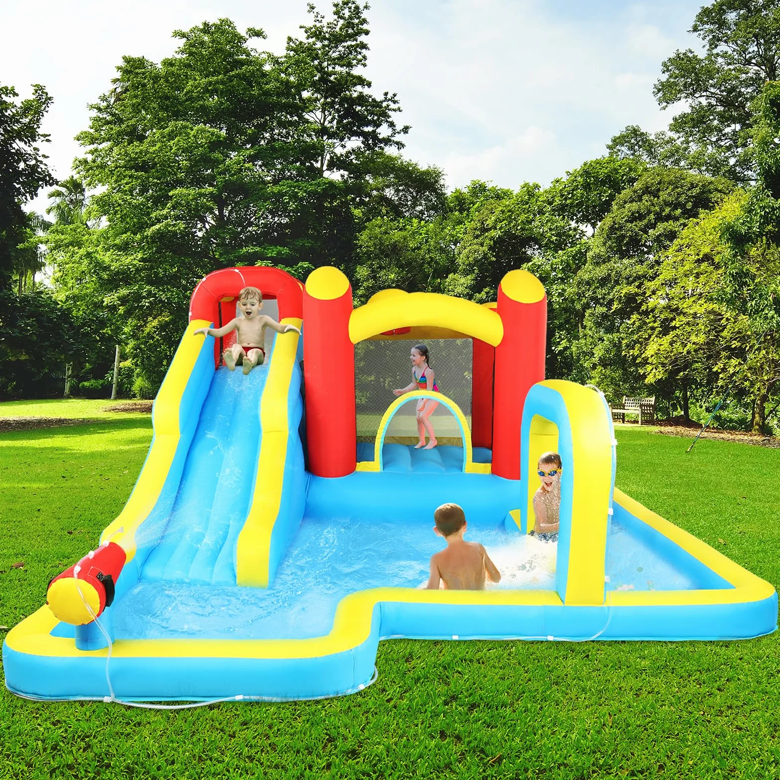 Château Gonflable Enfant avec Piscine et Toboggan, Aire de Jeux Gonflable 465x365x195 cm
