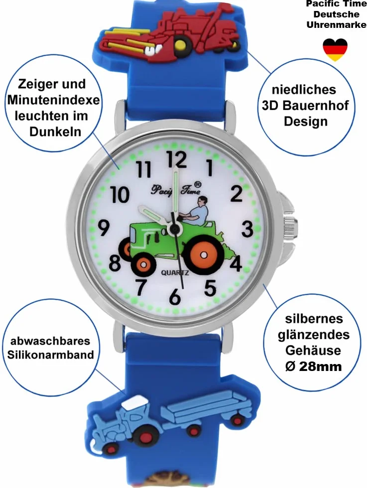 Pacific Time Horloge enfants montre bracelet argenté garçon tracteur ferme analogique quartz bleu