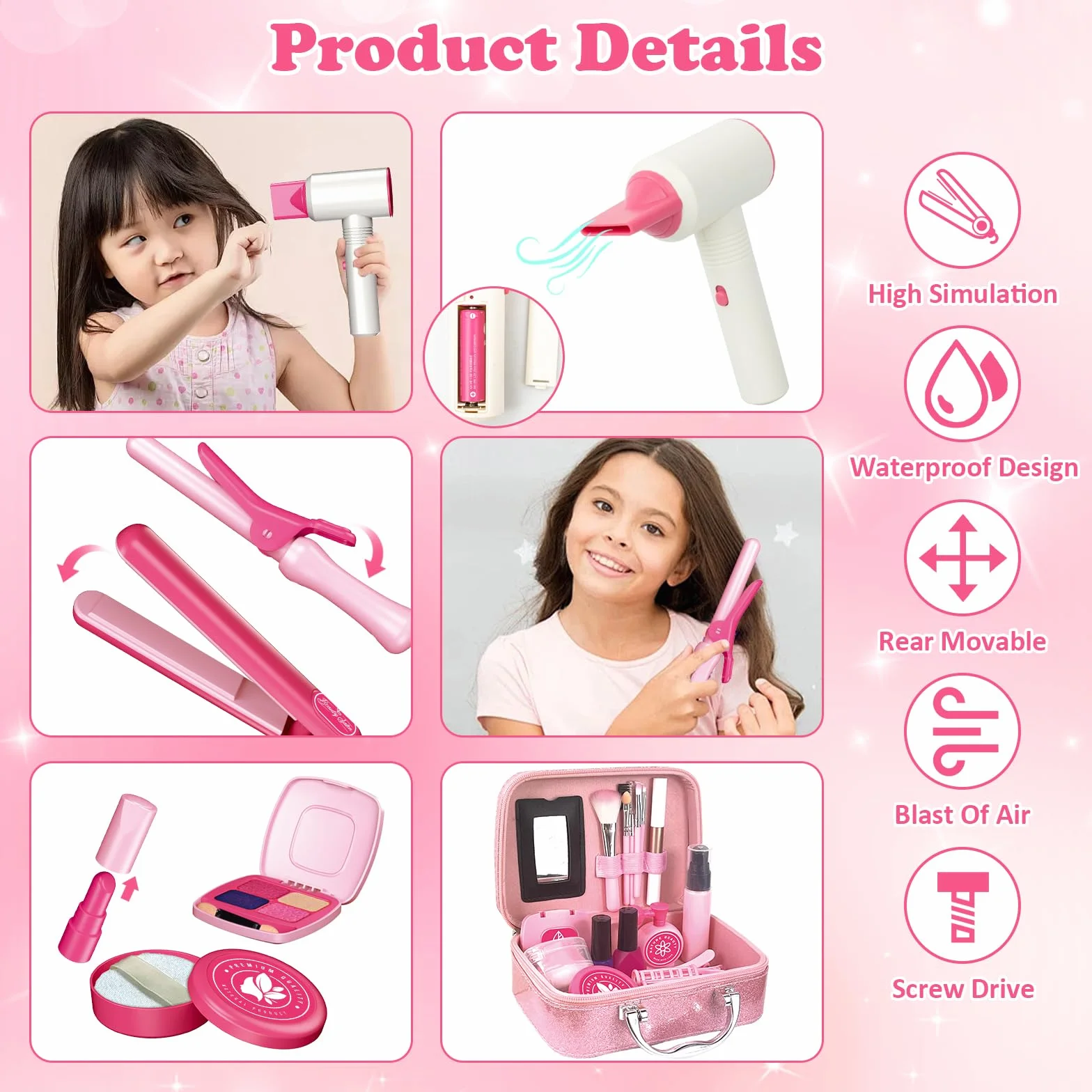 RedCrab Coiffeur et Trousse de Beauté pour Fille, 55 Pièces Jouets de Salon de Beauté avec Miroir, Seche-Cheveux, Lisseur Cheveux, Jeux de Rôle Enfants 3+