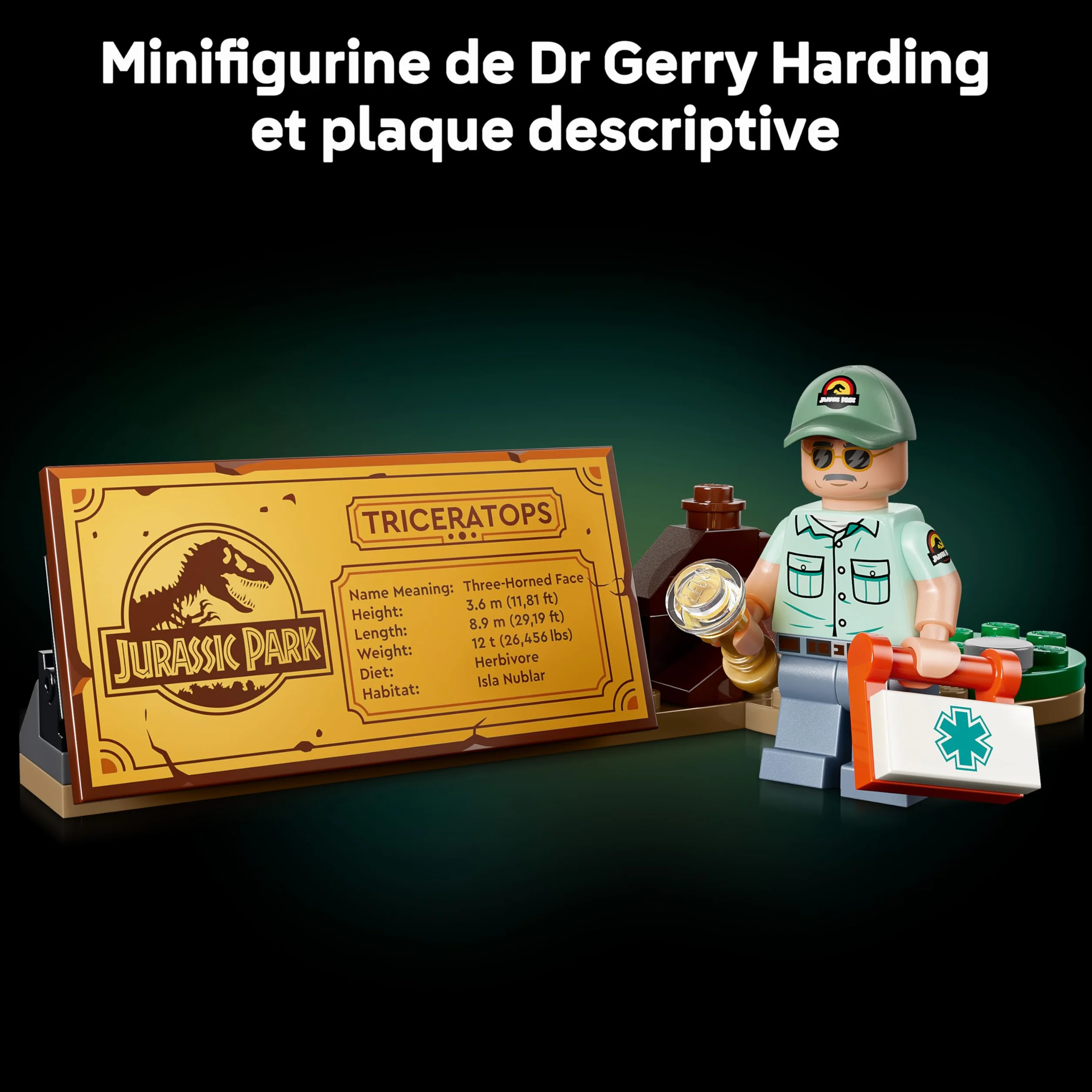 LEGO Jurassic World Les Fossiles de Dinosaure : Le Tricératops Maquette pour Adulte Minifigurine Dr Gerry Harding 77985