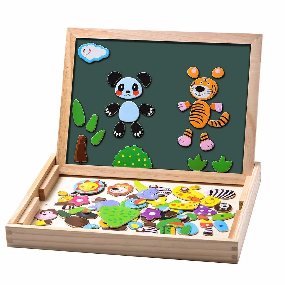 Magnetyczne Puzzle Drewniane 100 Elementów, Tablica Dwustronna Magnetyczna, Zabawka Edukacyjna dla Dzieci od 3 Lat