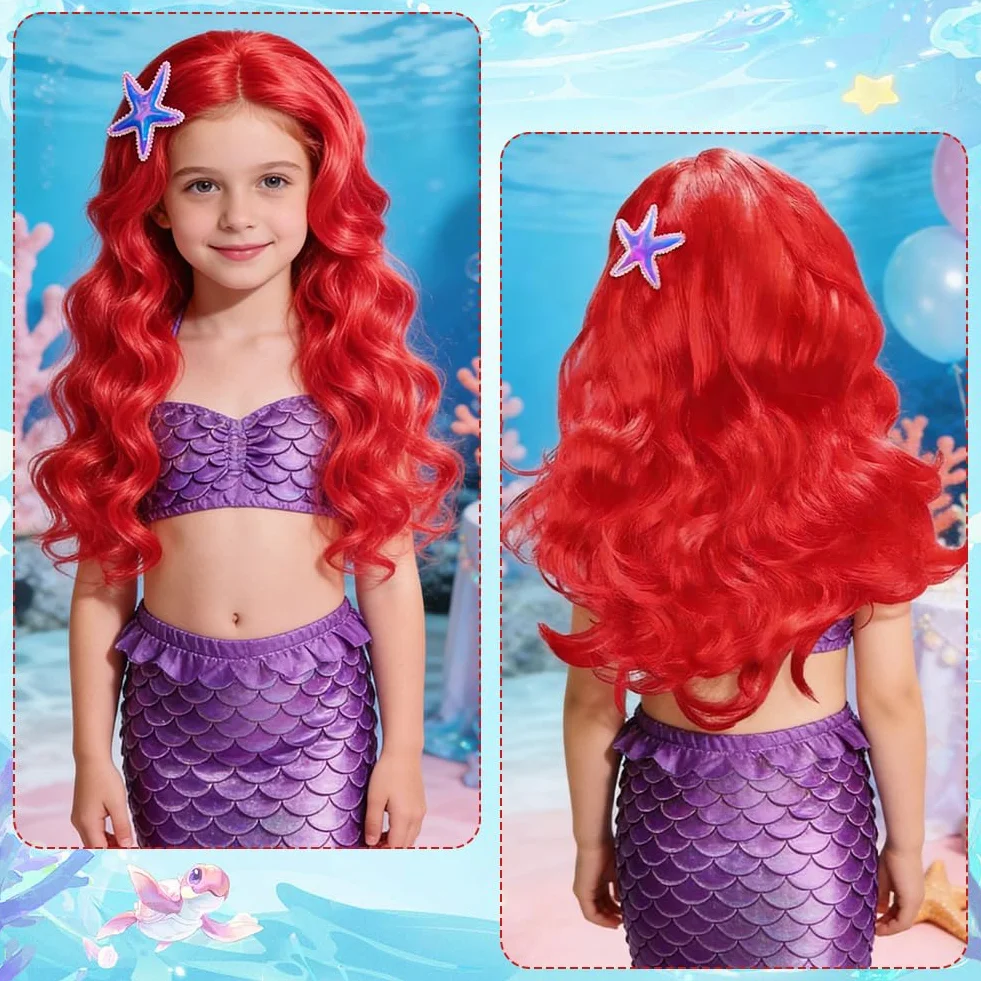 Perruque Sirène Longue Rouge Bouclée pour Fille Costume Halloween Carnaval