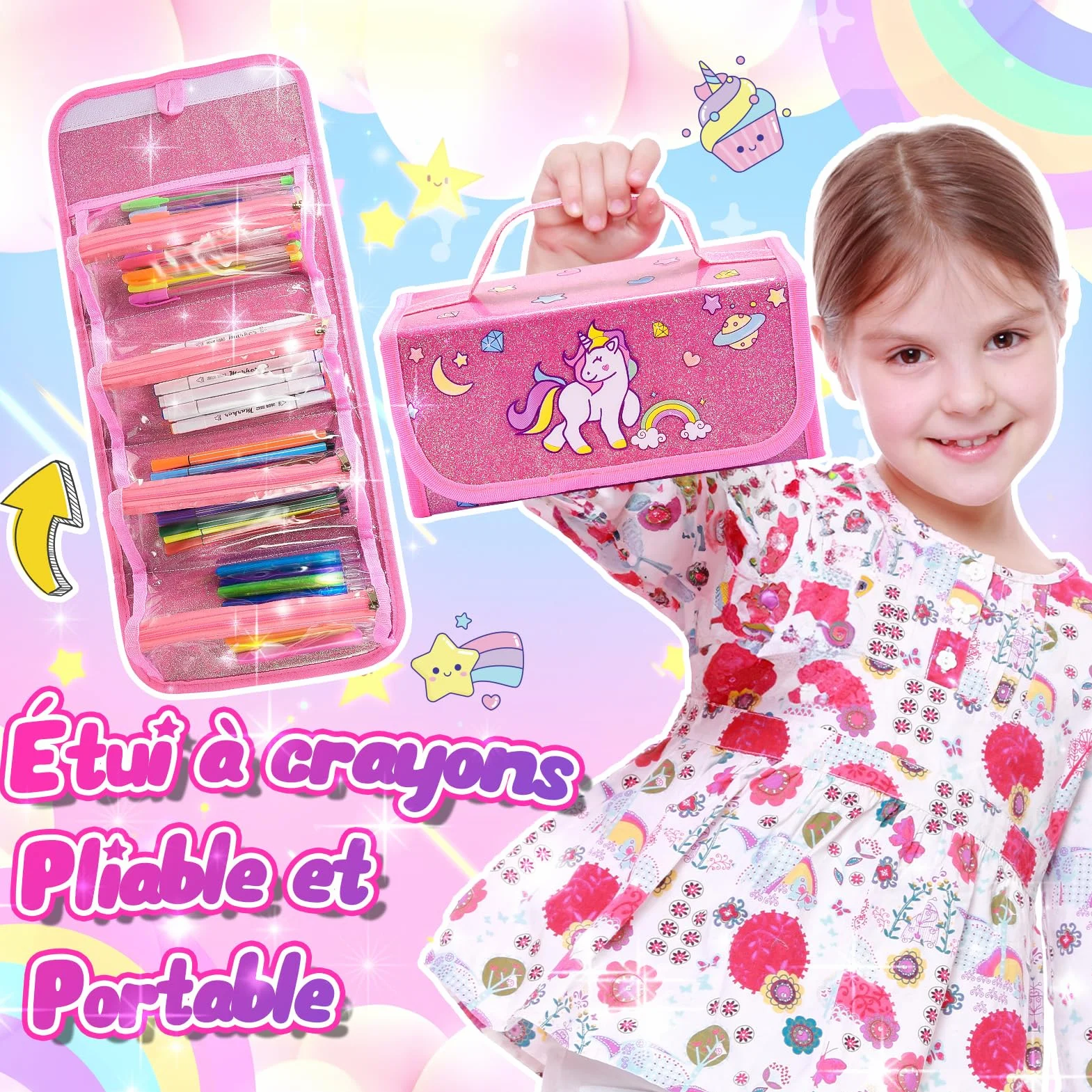 HappyGoLucky Malette Dessin Enfant 48 Pinceaux Autocollants Imperméable Facile Nettoyer Cadeau Fille 3-10 Ans Rose
