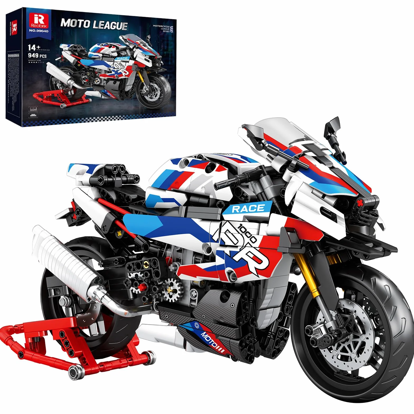 Reobrix Jouet de construction Moto 1000 RR Adultes, Set de briques Technics 1:8, 99040 Modèle de super-moto avec support (949 pièces)