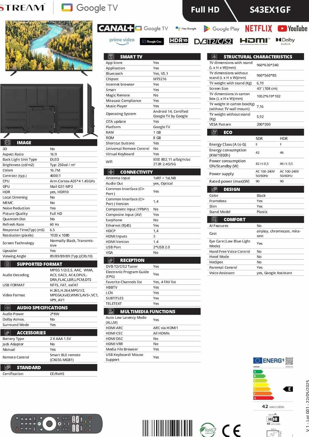 Google TV Smart 43" Full HD HDR10 sans Cadre Assistant Google Chromecast intégré S43EX1GF 2026