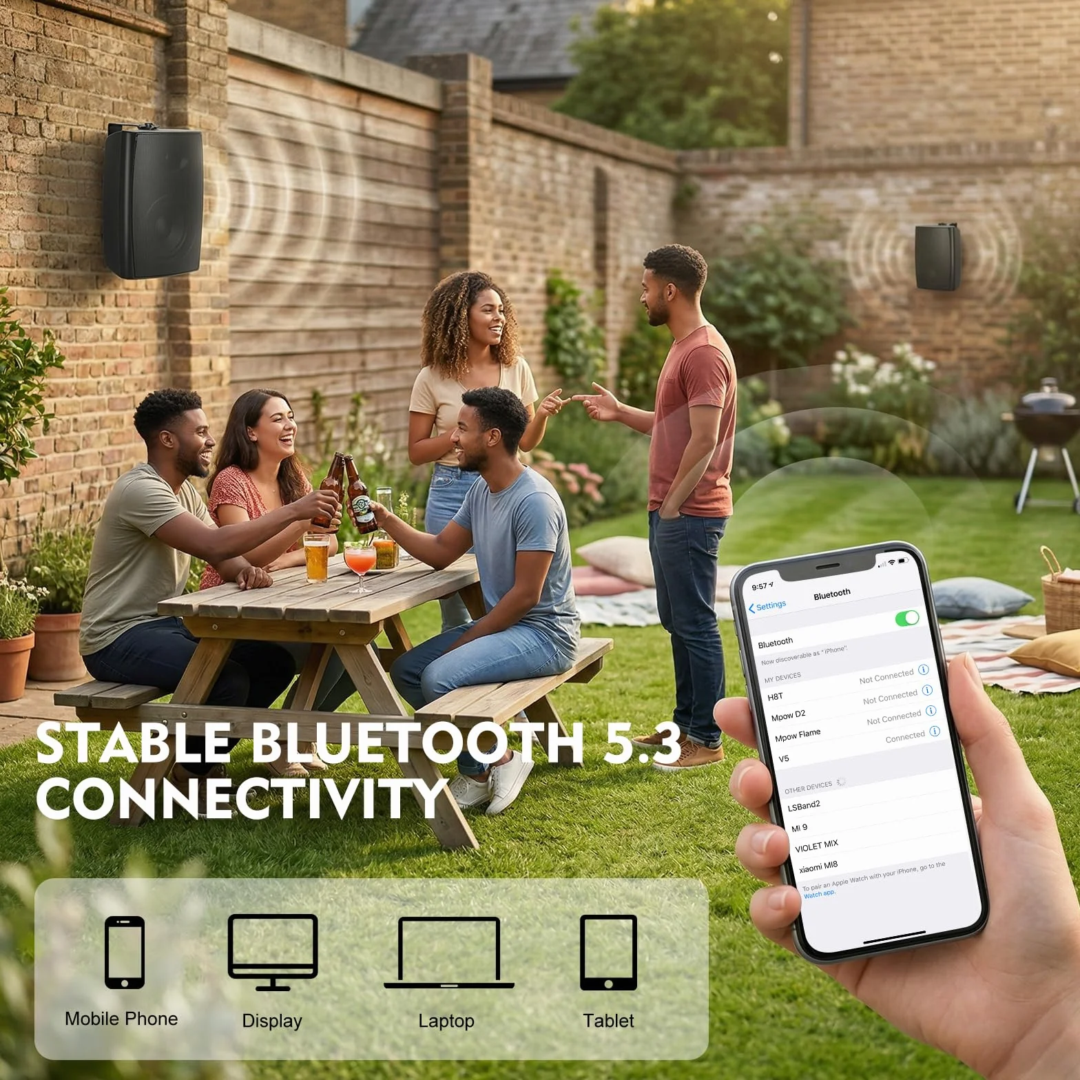 Herdio 6.5 Pouces Enceinte Bluetooth Exterieure Etanche 400W 2 Voies Paire Noir