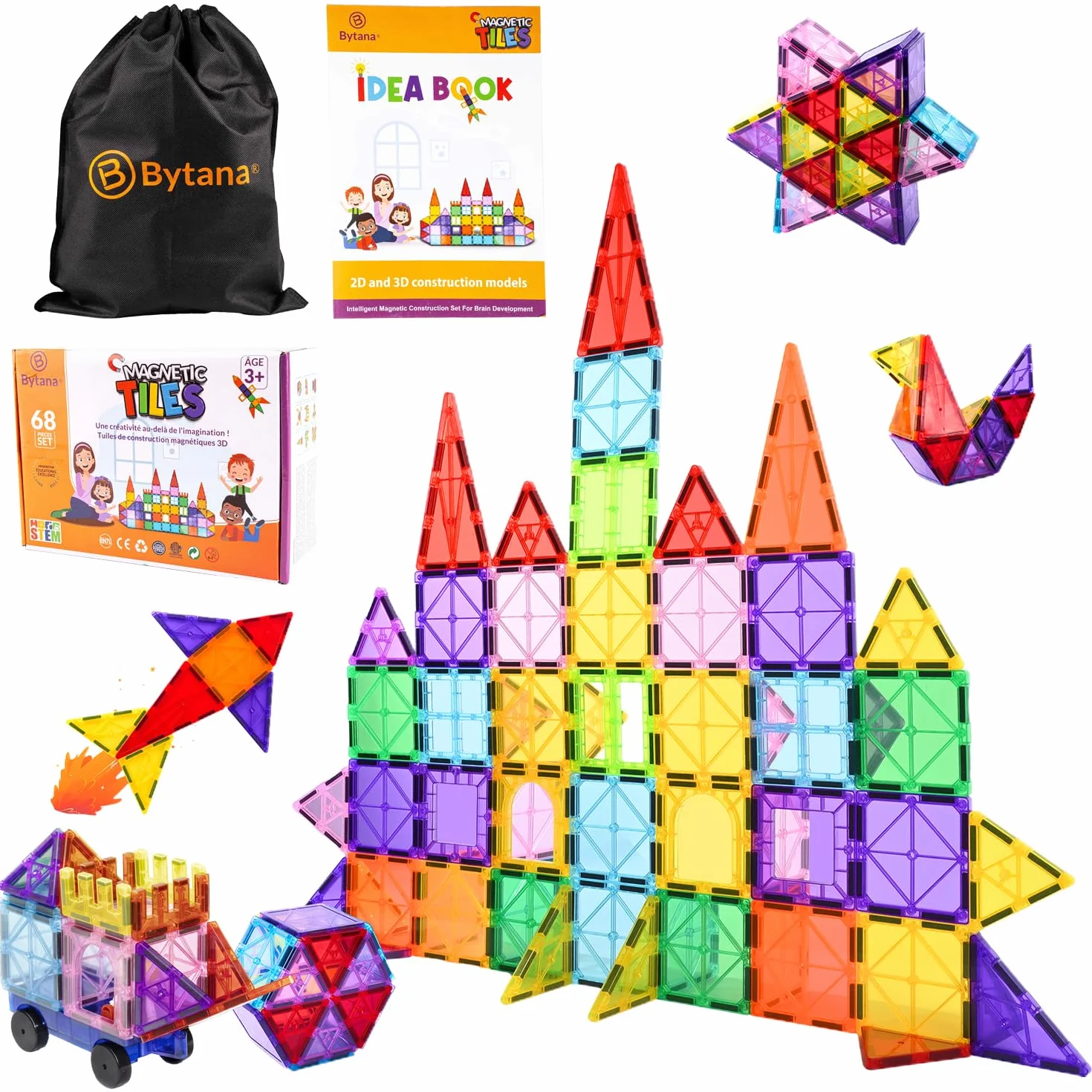 BYTANA Jeu de Construction Magnétique 68 Pièces Blocs Aimantés 3D Jouet Éducatif Créatif 3 Ans