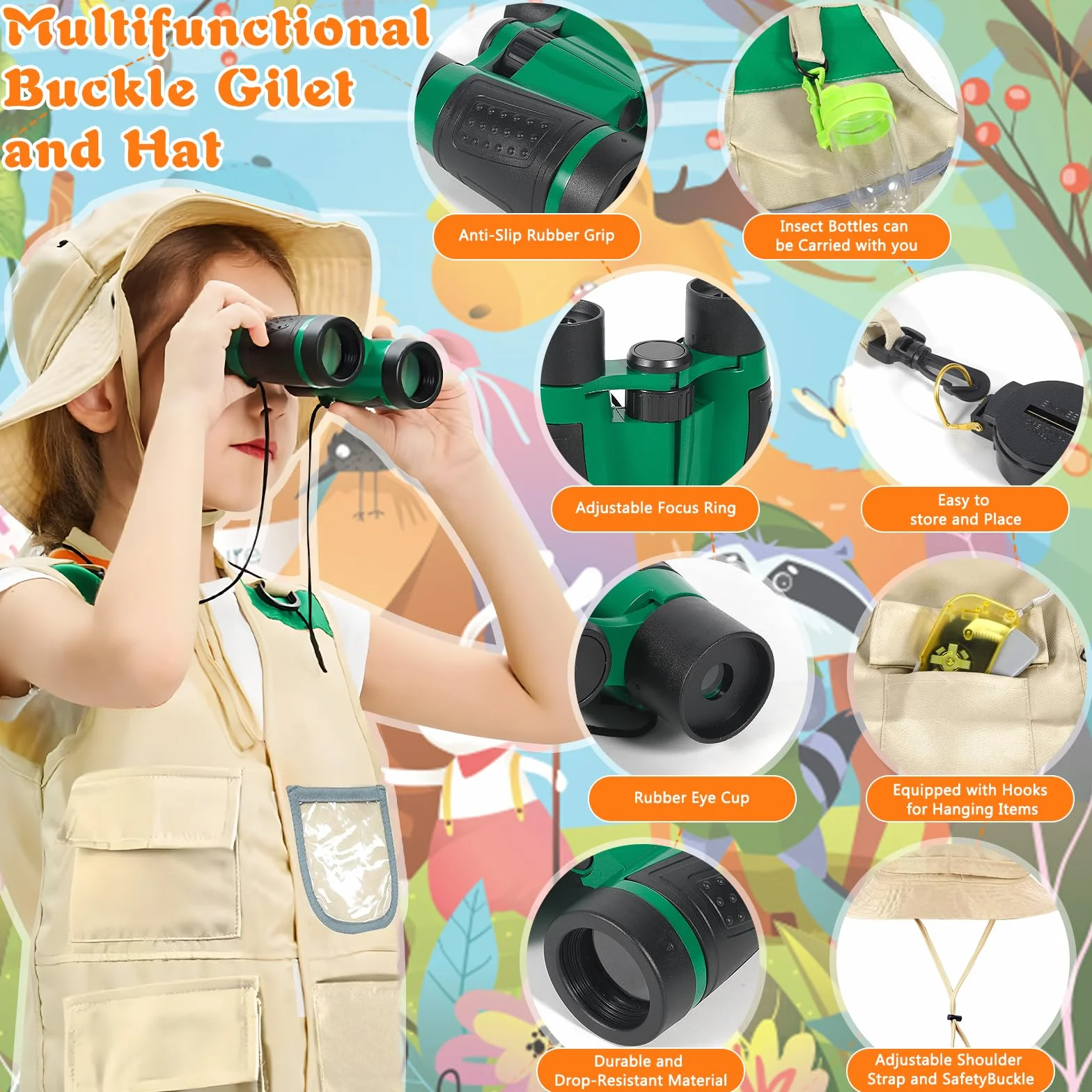 Kit Exploration Enfant 21 pièces Extérieur Jouets Gilet Chapeau Jumelles Boussole Loupe Nature Aventure