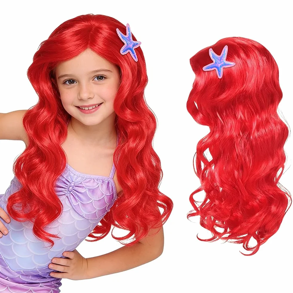Perruque Sirène Longue Rouge Bouclée pour Fille Costume Halloween Carnaval