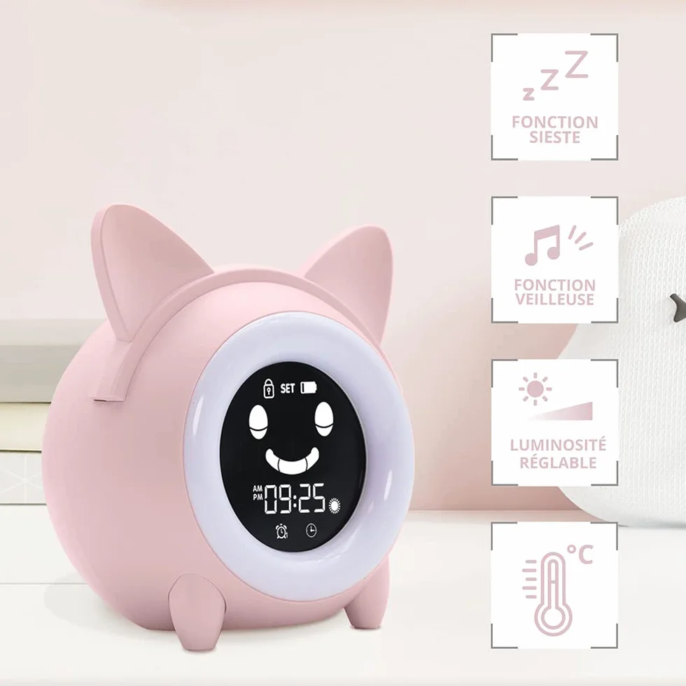 METRONIC Reveil Enfant Educatif avec Veilleuse Indicateur Jour/Nuit Horloge Digital Rose